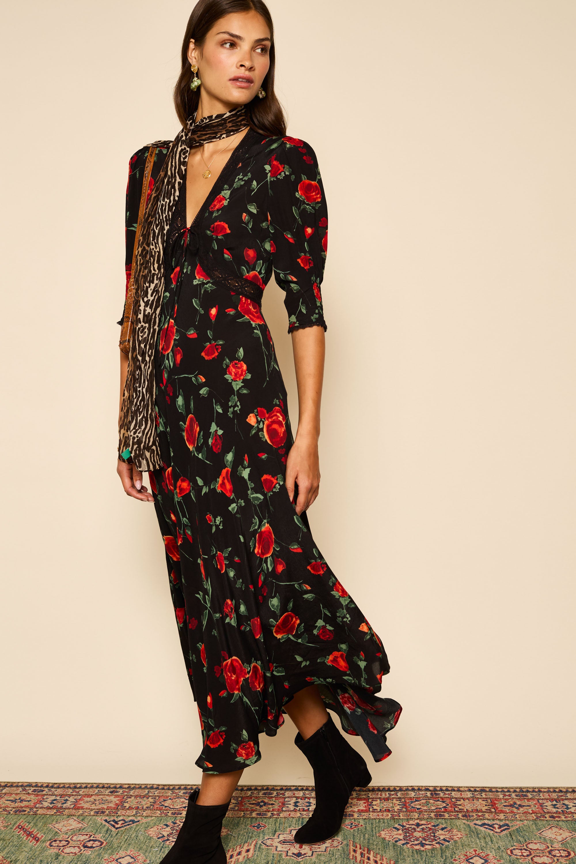 Amina Midi Dress in Claudia Rose Black