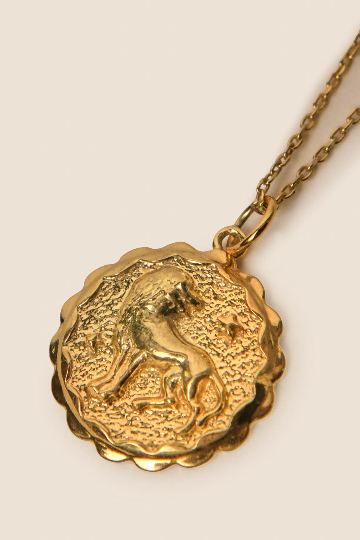 Zodiac - Leo is a gold vermeil pendant necklace featuring a textured medallion with a raised lion design and scalloped edges, suspended from a thin gold chain. Set against a neutral background, this elegant piece is perfect for those who love Zodiac necklaces.