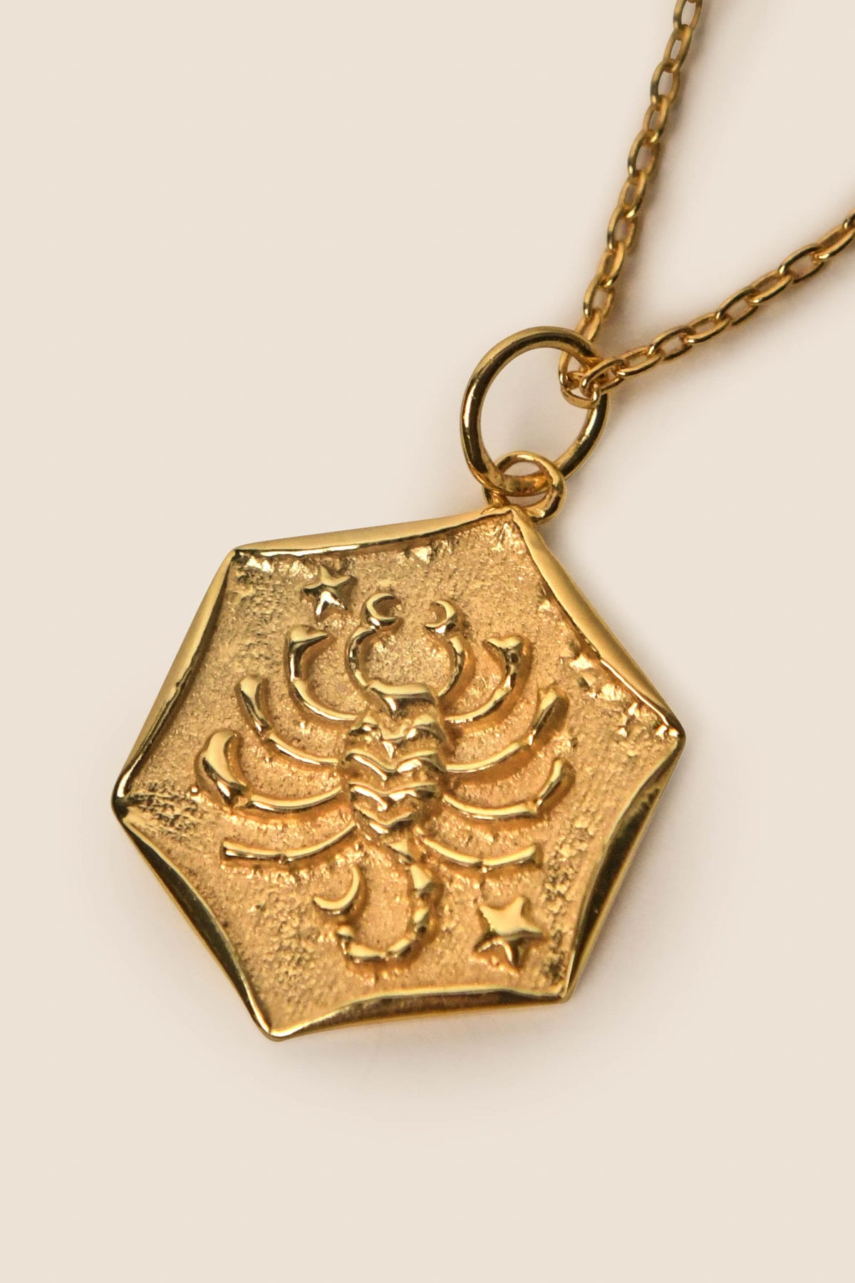 The Zodiac - Scorpio necklace features a gold vermeil hexagonal medallion with a raised scorpion and stars—ideal for fans of zodiac jewelry and bold Scorpio symbolism.