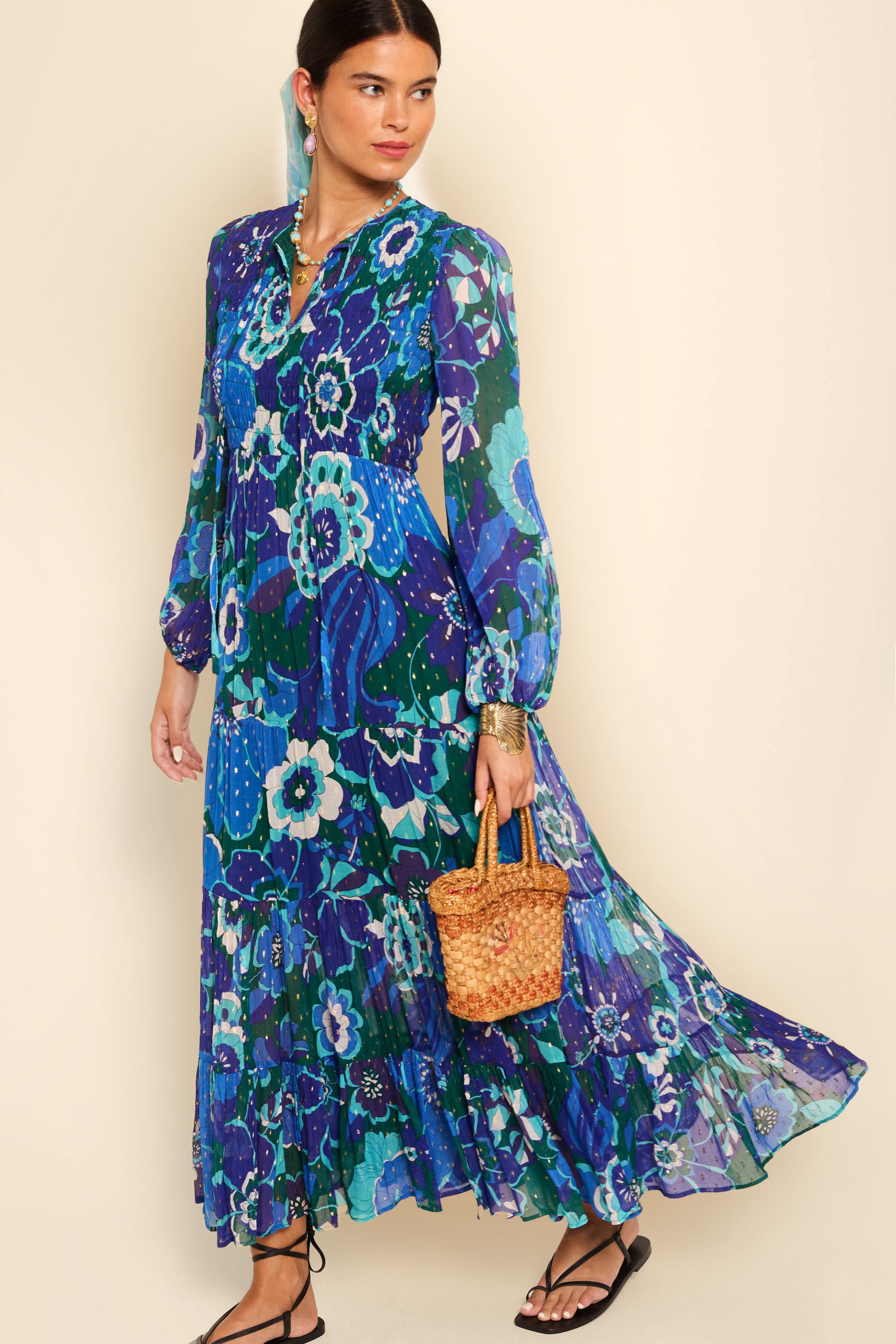 Lori Metallic Midi Dress in Blue Miami Floral Emerald