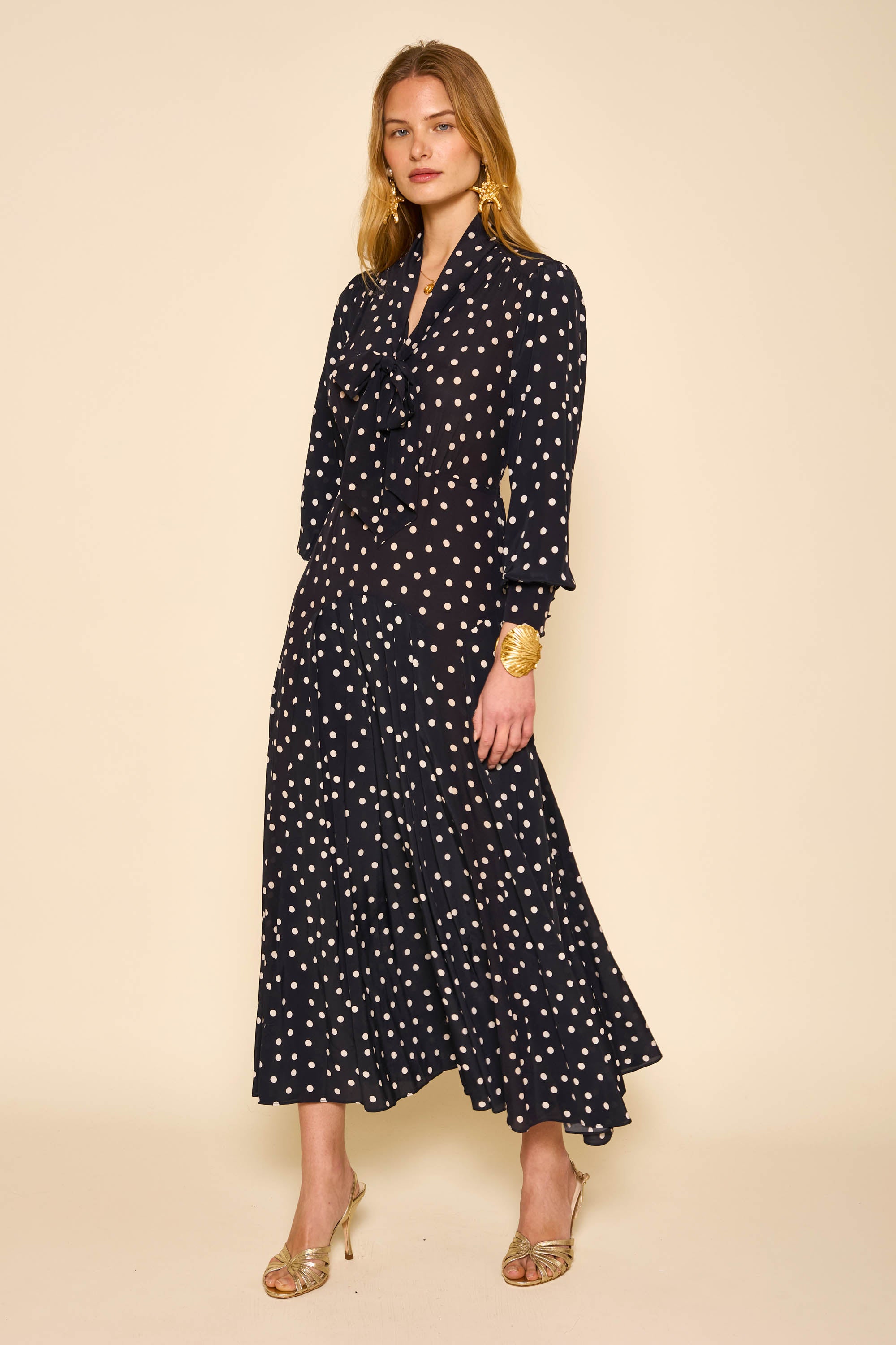 Marigold Silk Midi Dress in Bohemia Spot Deep Navy Marigold Silk Midi Dress in Bohemia Spot Deep Navy