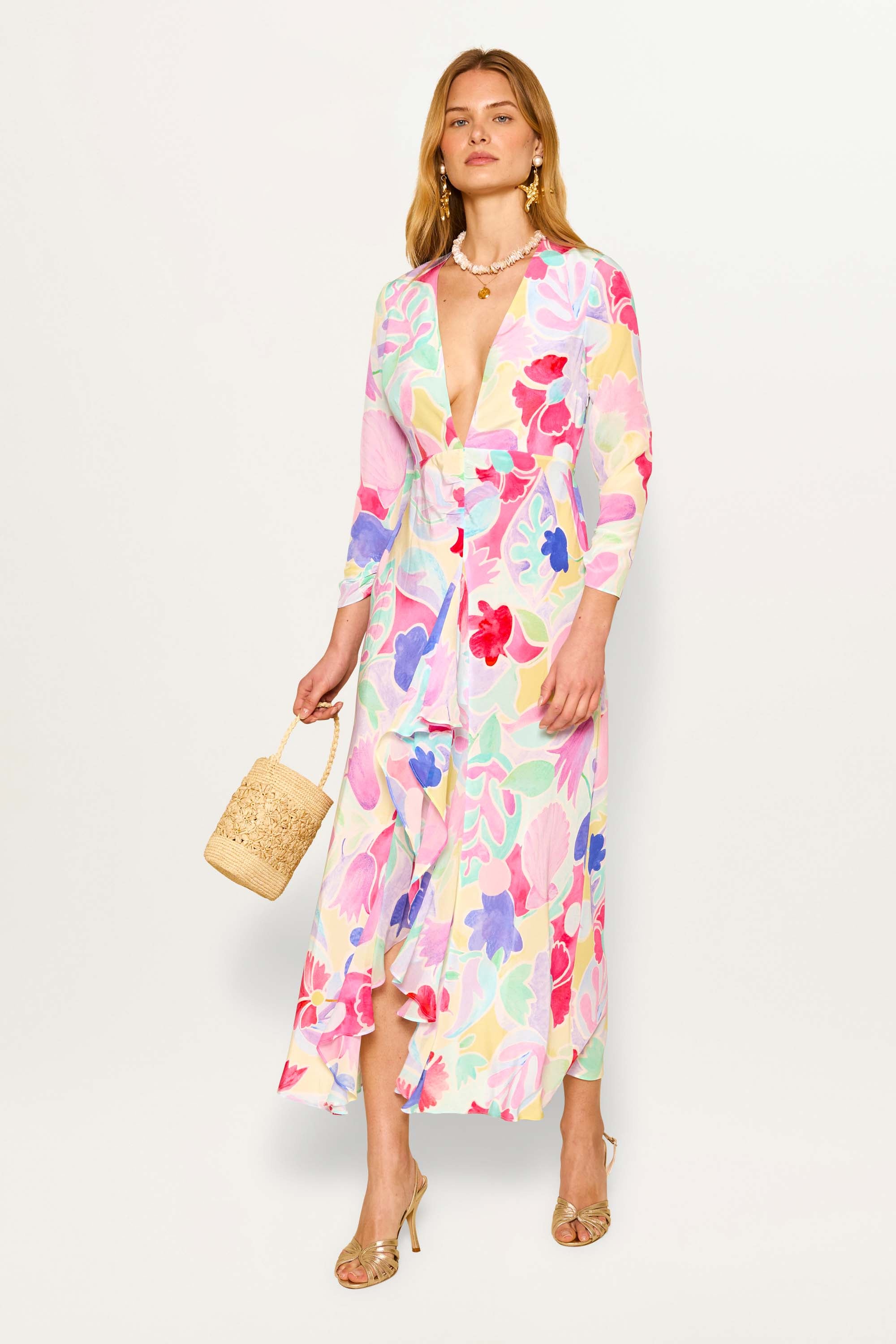 Rose Midi Dress in Multi Abstract Tulip Ivory | RIXO USA