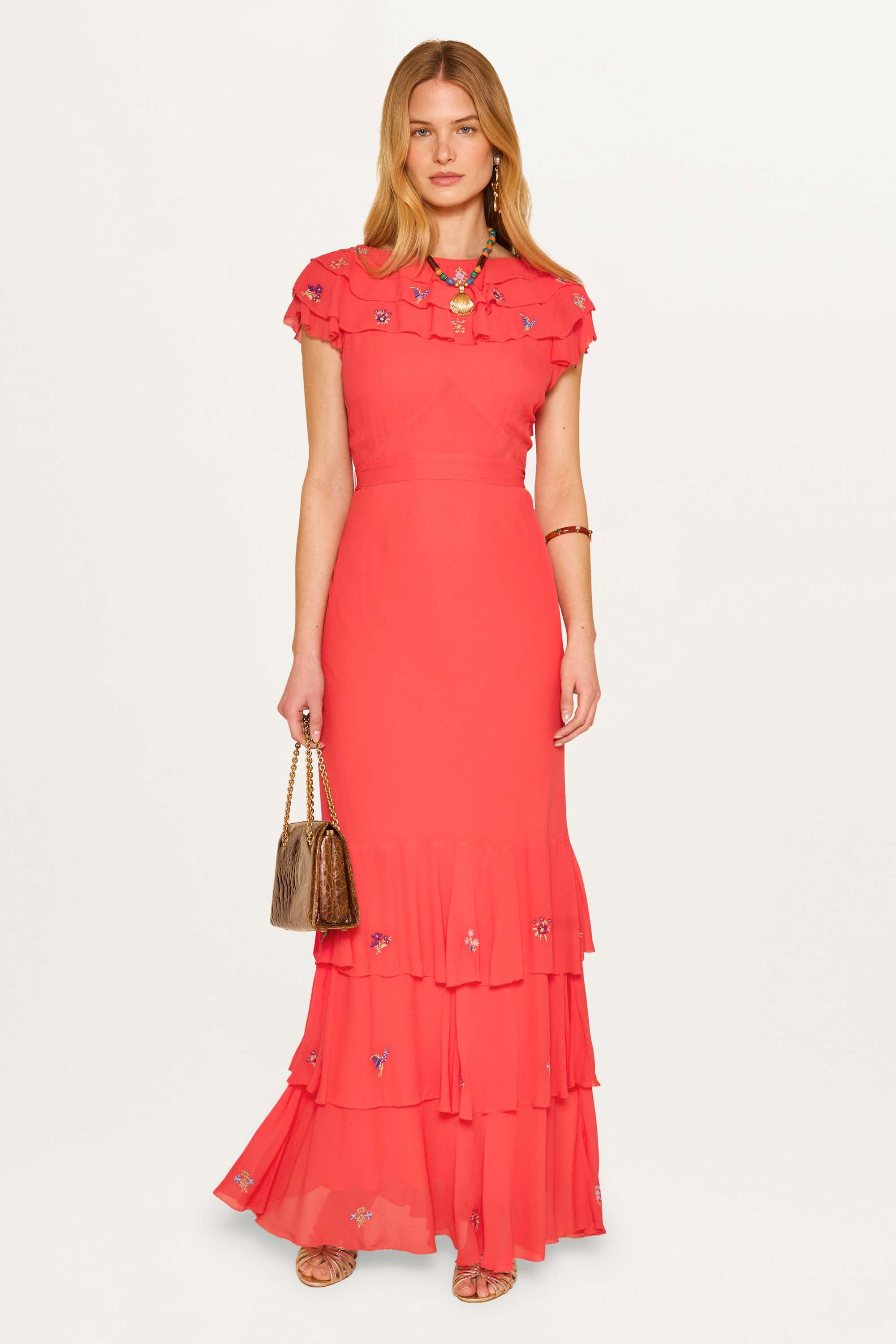 Rio Ruffled Gown in Red Coral | RIXO USA Rio Ruffled Gown in Red Coral | RIXO USA