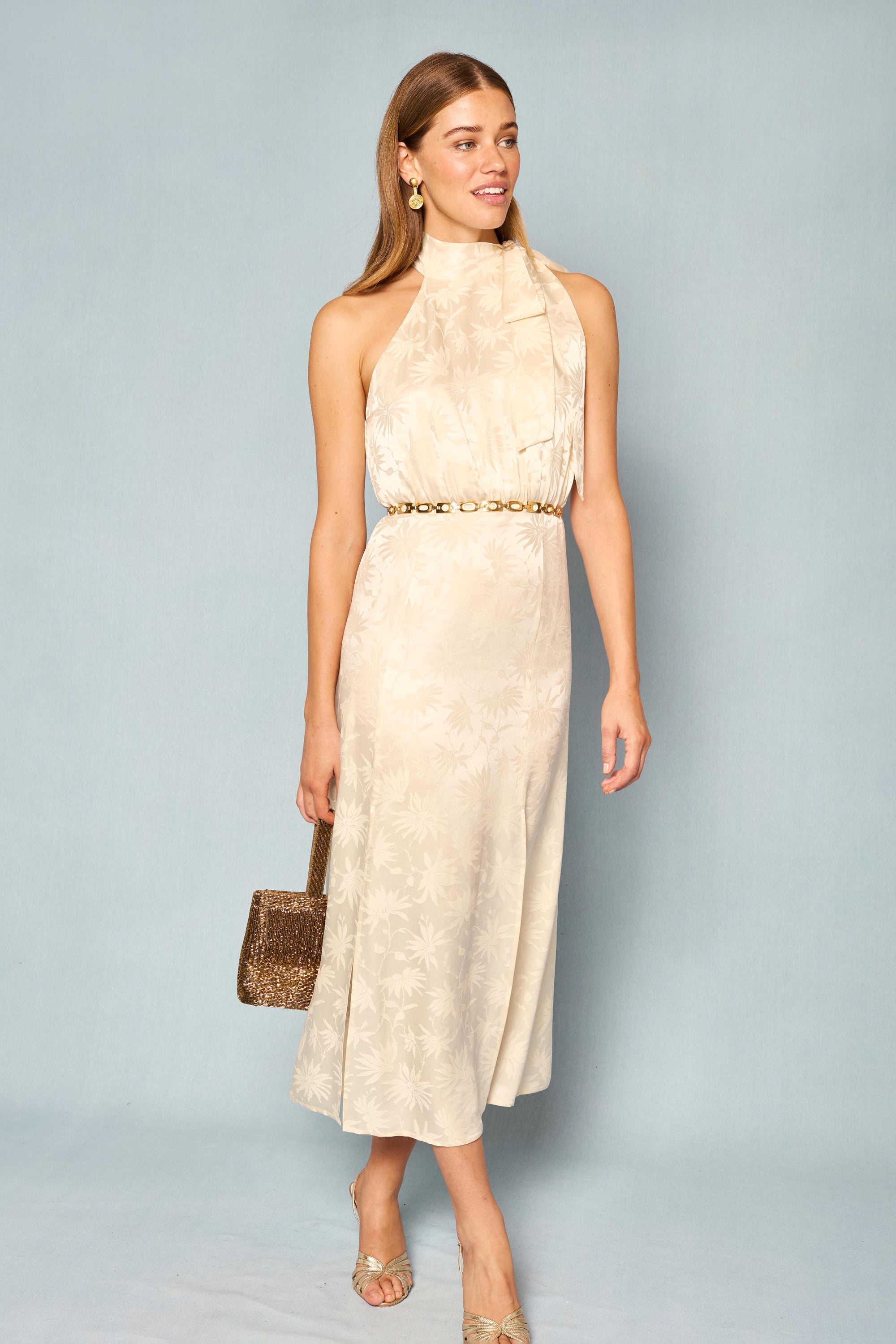 champagne dress midi Valerie Silk Midi Dress in Cream Daisy Jacquard Champagne