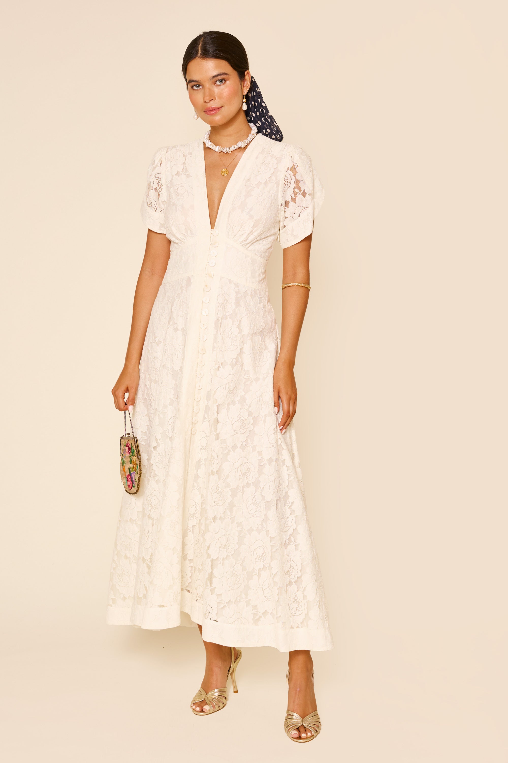 Ivory Front Strap Midi Dress With Lace Detailing