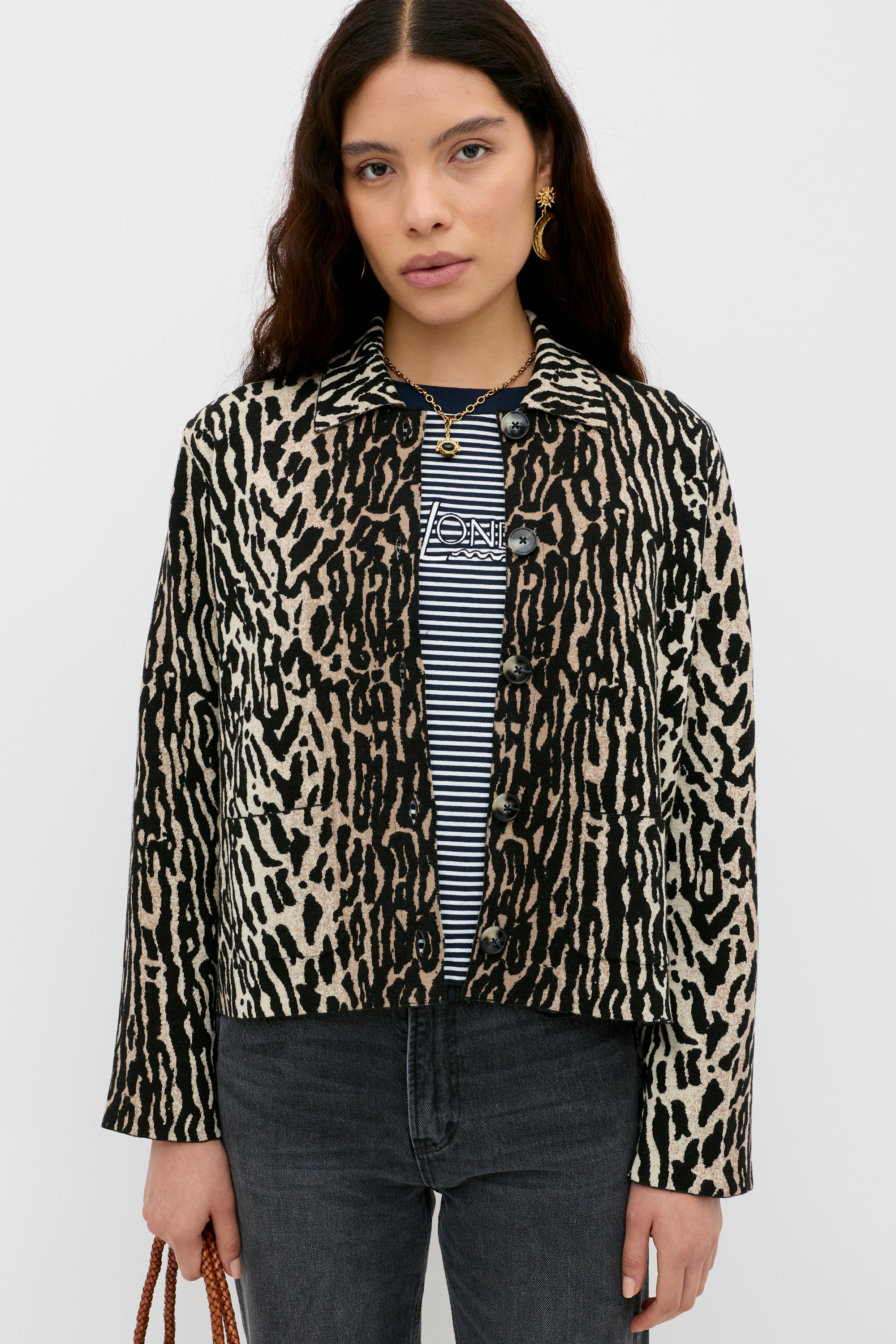Trista Jacquard Cardigan in Bohemia Leopard Brown | RIXO ⋆