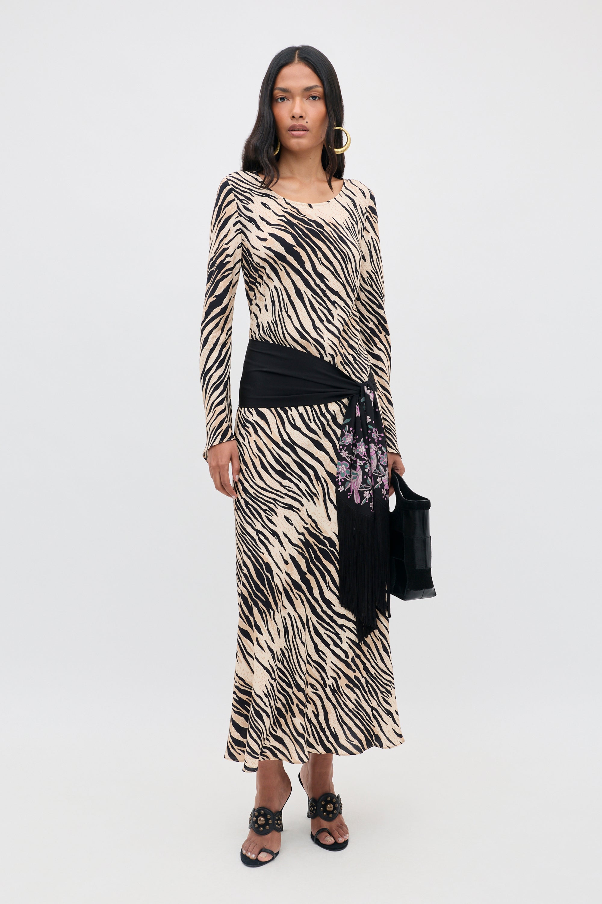 Amal Crepe de Chine Dress in Brown Cooper Tiger Beige | RIXO USA ⋆