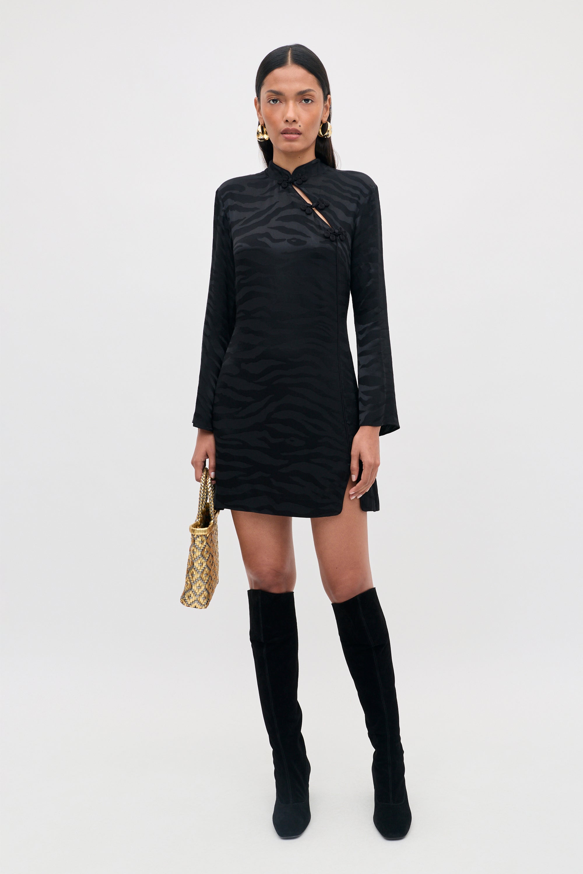 Brooklyn Satin Jacquard Mini Dress in Cooper Jacquard Black | RIXO ⋆