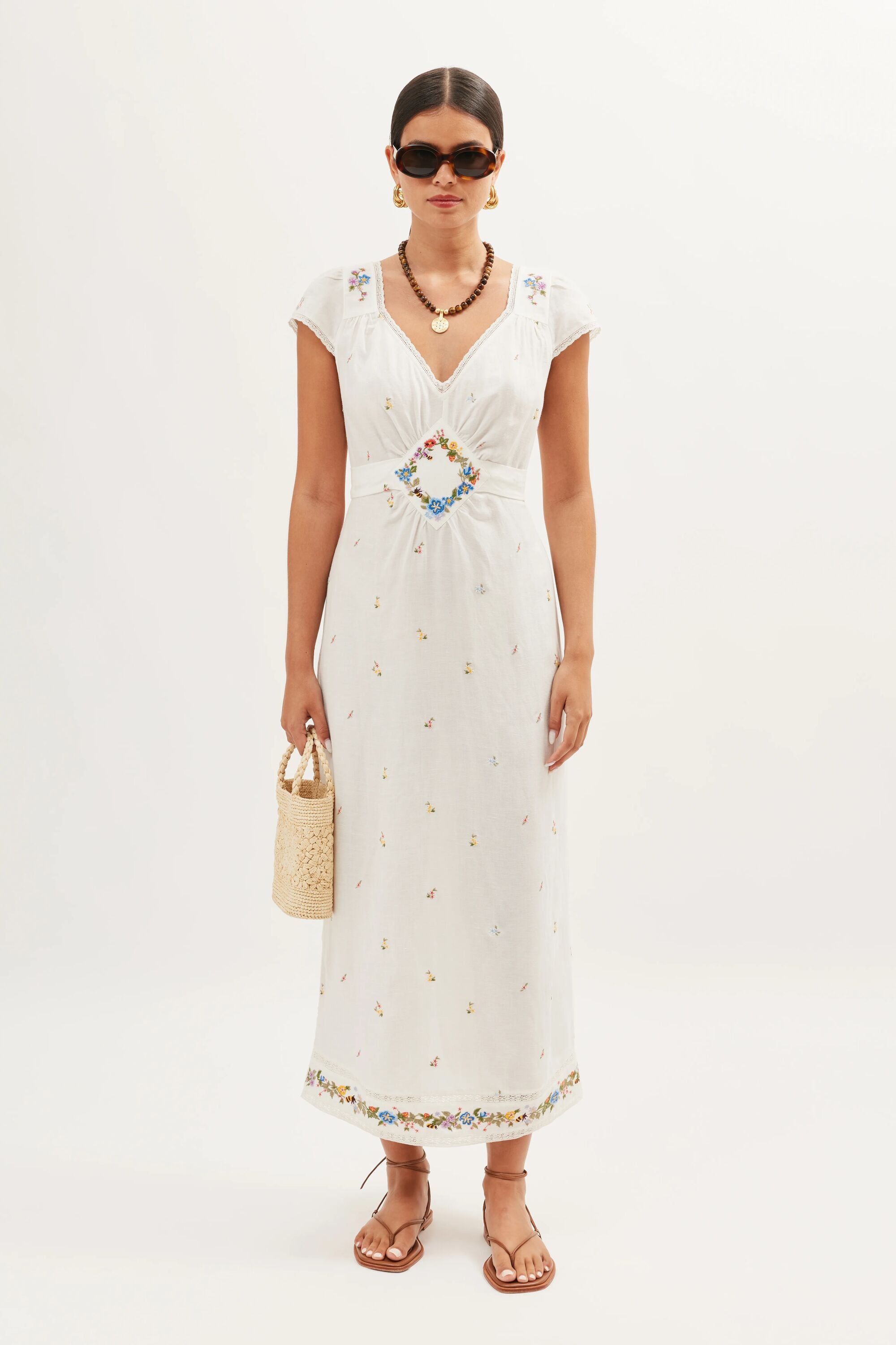 Carey Embroidered Linen Dress in White Meadow Embroidery Ivory | RIXO USA Carey Embroidered Linen Dress in White Meadow Embroidery Ivory | RIXO USA