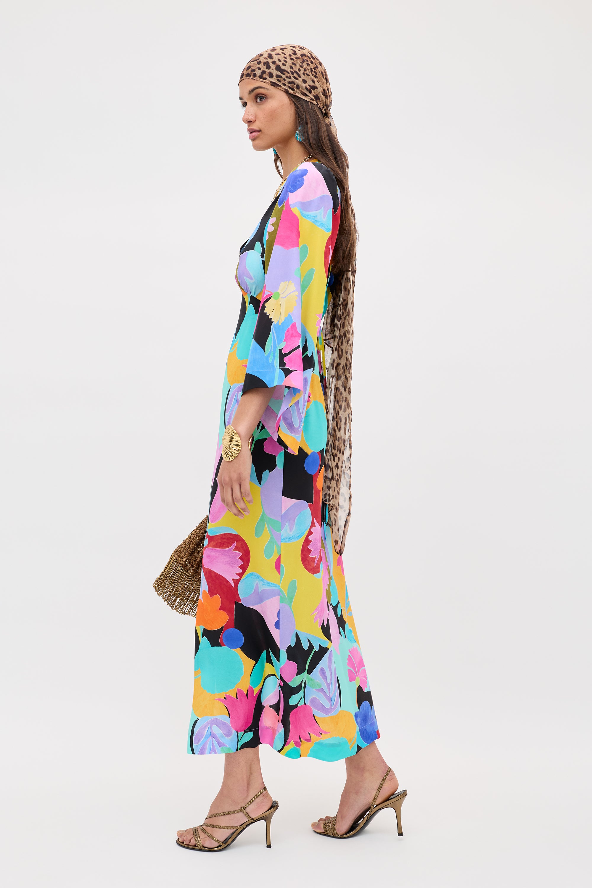 Dahlia Silk Midi Dress in Multi Abstract Tulip Black | RIXO USA ⋆