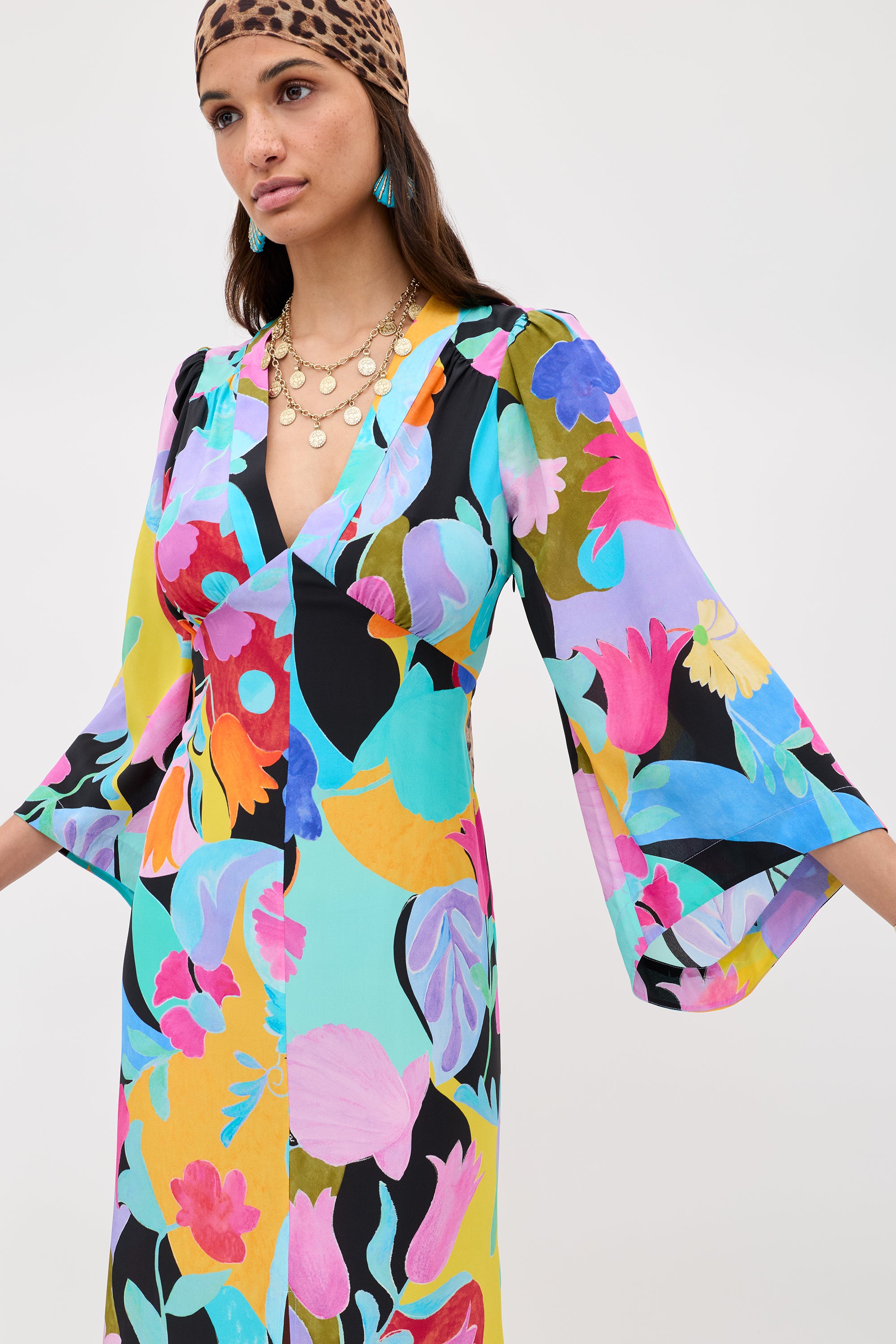 Dahlia Silk Midi Dress in Multi Abstract Tulip Black | RIXO USA ⋆