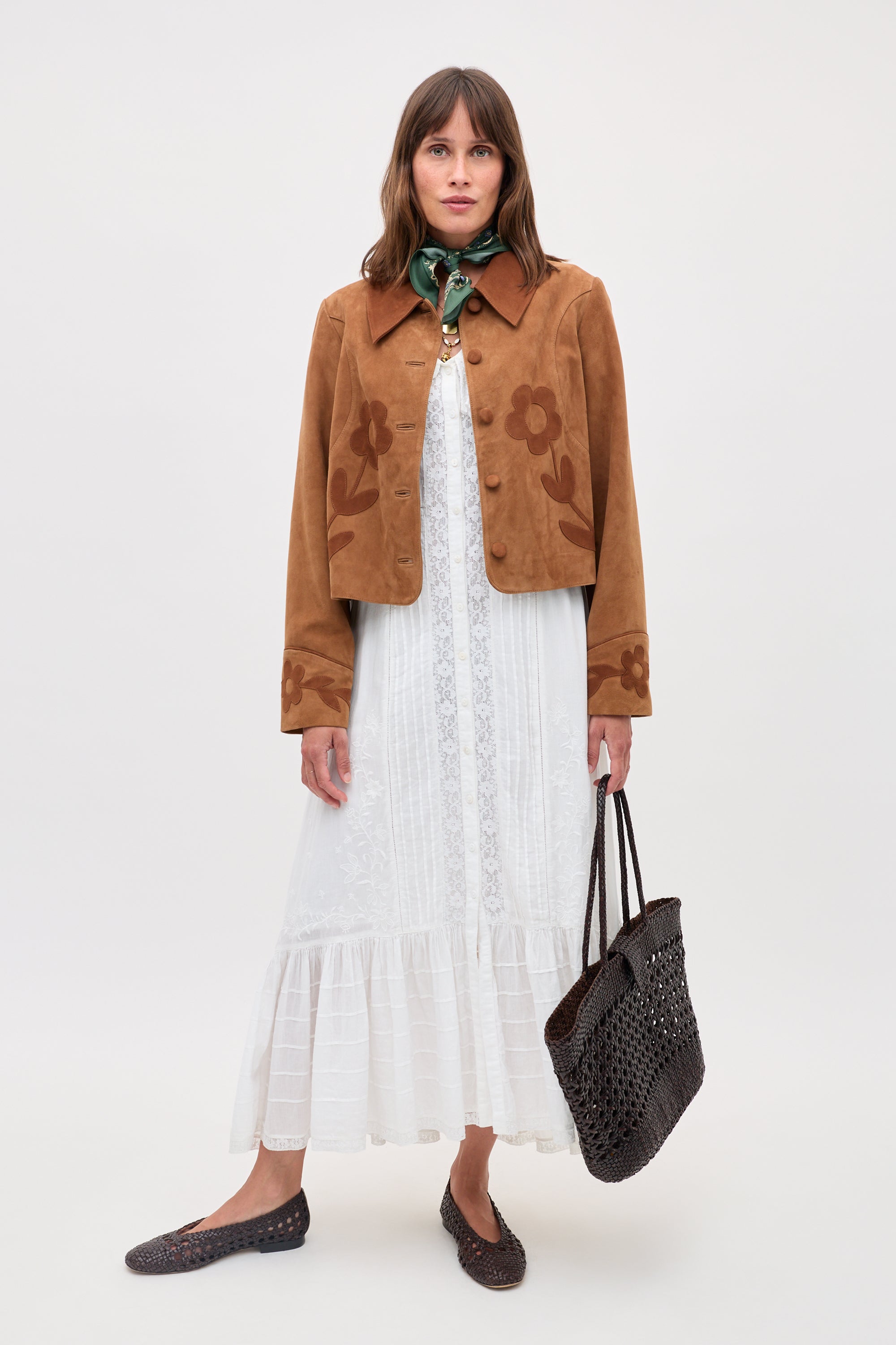 リゾレーヌ Dionne Suede Jacket in Brown Retro Daisy Applique Tan | RIXO USA ⋆