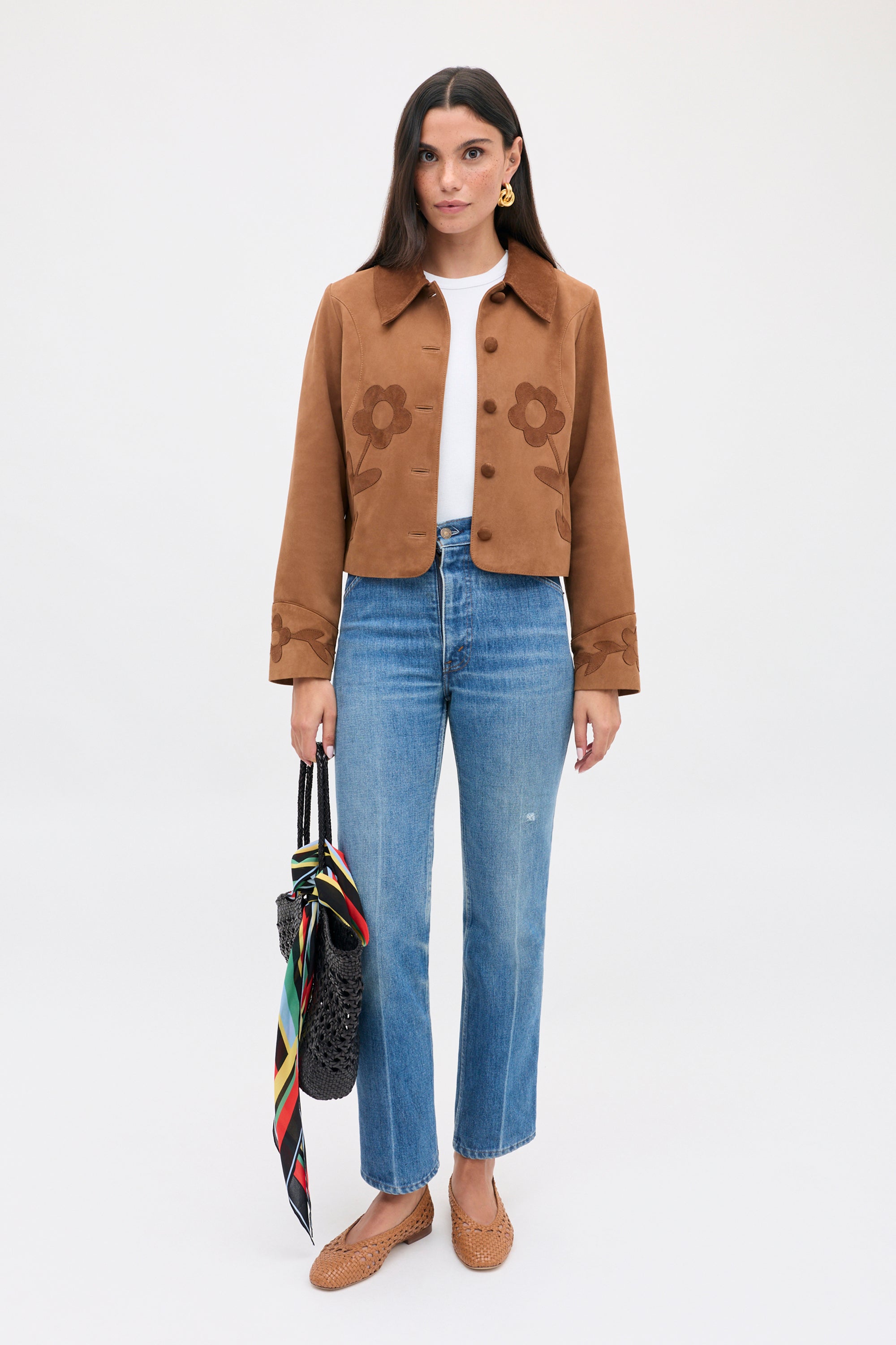 Dionne Suede Jacket in Brown Retro Daisy Applique Tan | RIXO USA ⋆
