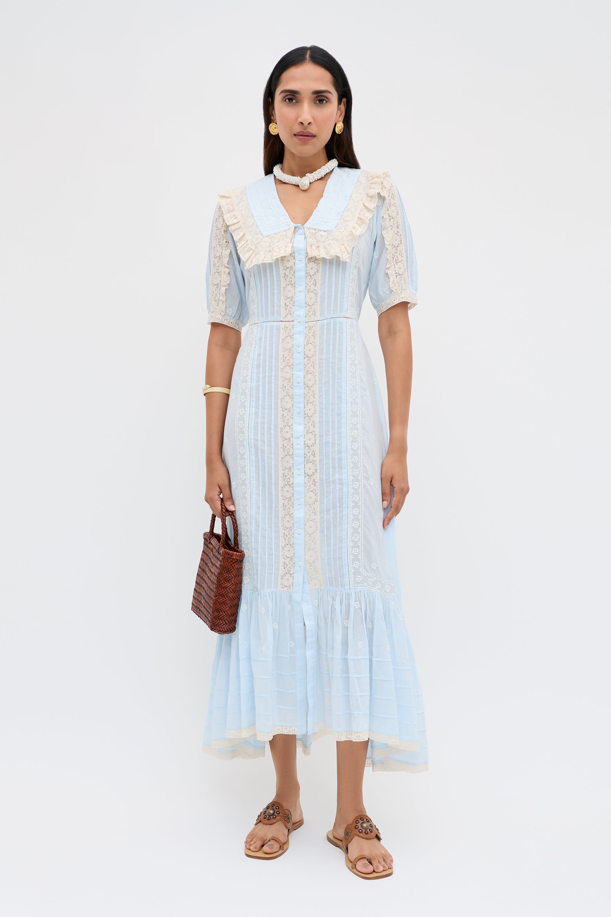Edina Embroidered Cotton Midi Dress in Mira Embroidery Powder Blue Edina Embroidered Cotton Midi Dress in Mira Embroidery Powder Blue