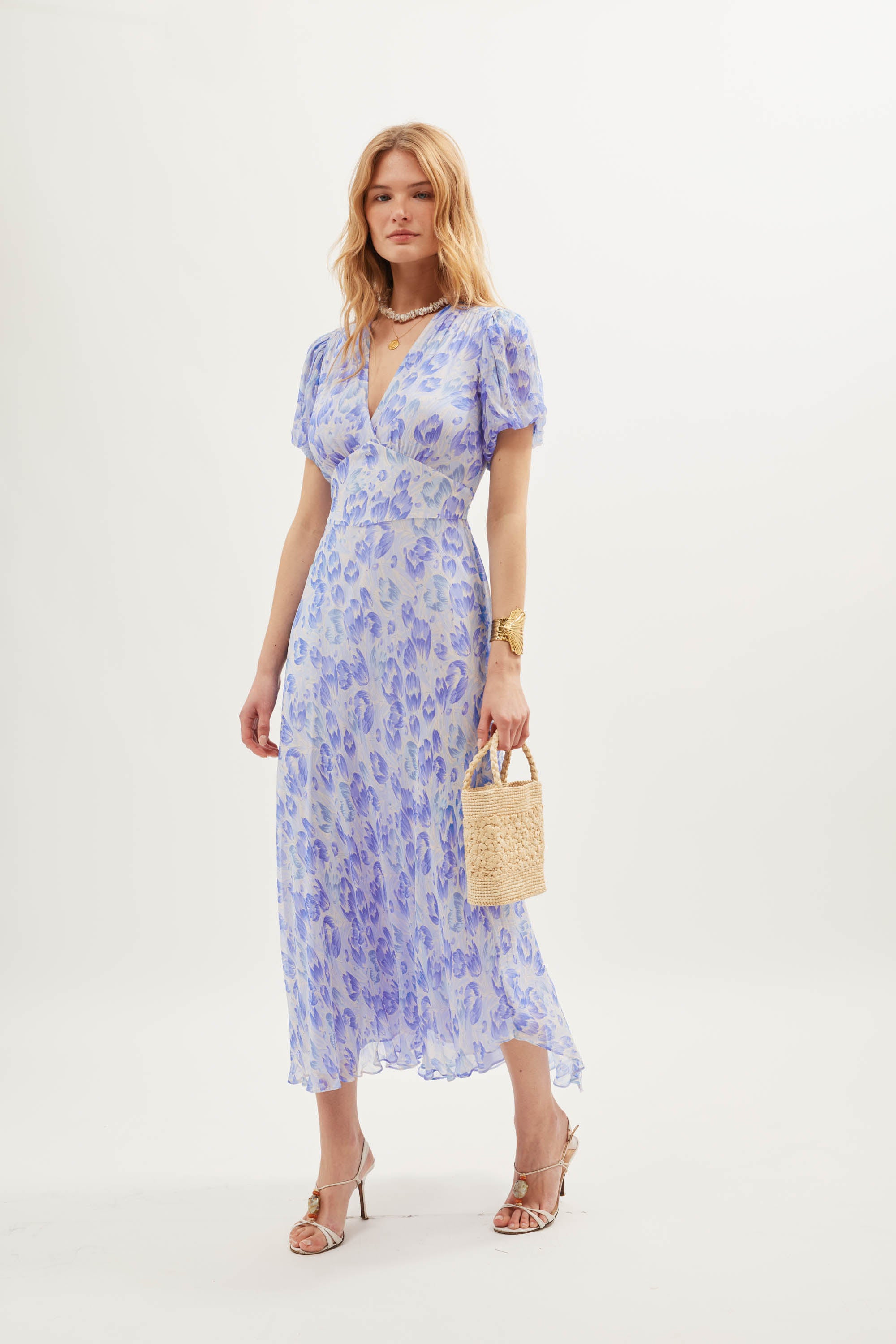 Corrine Chiffon Dress in Tulip Fields Cornflower Blue