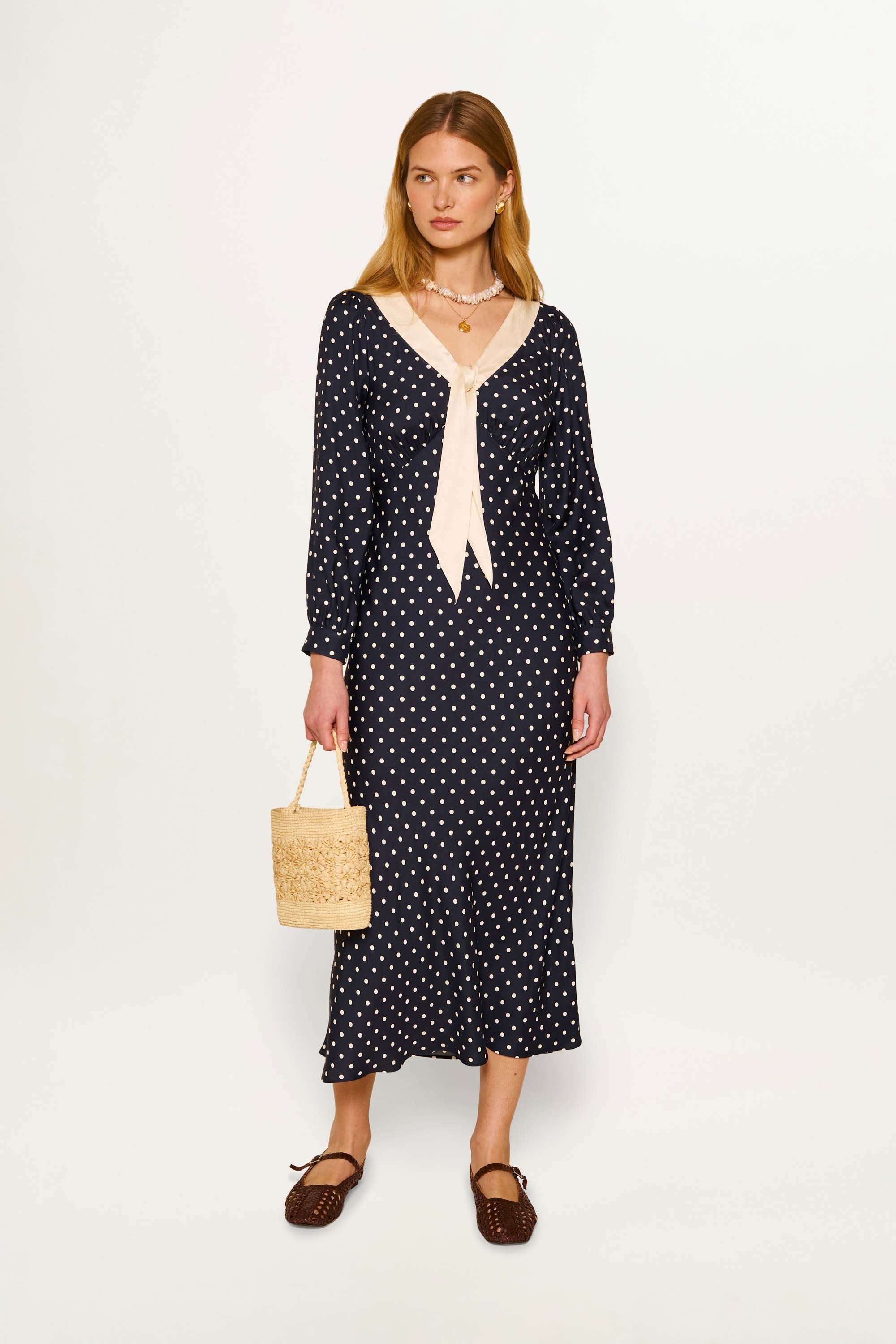 Lotta Midi Dress in Polka Dot Deep Navy