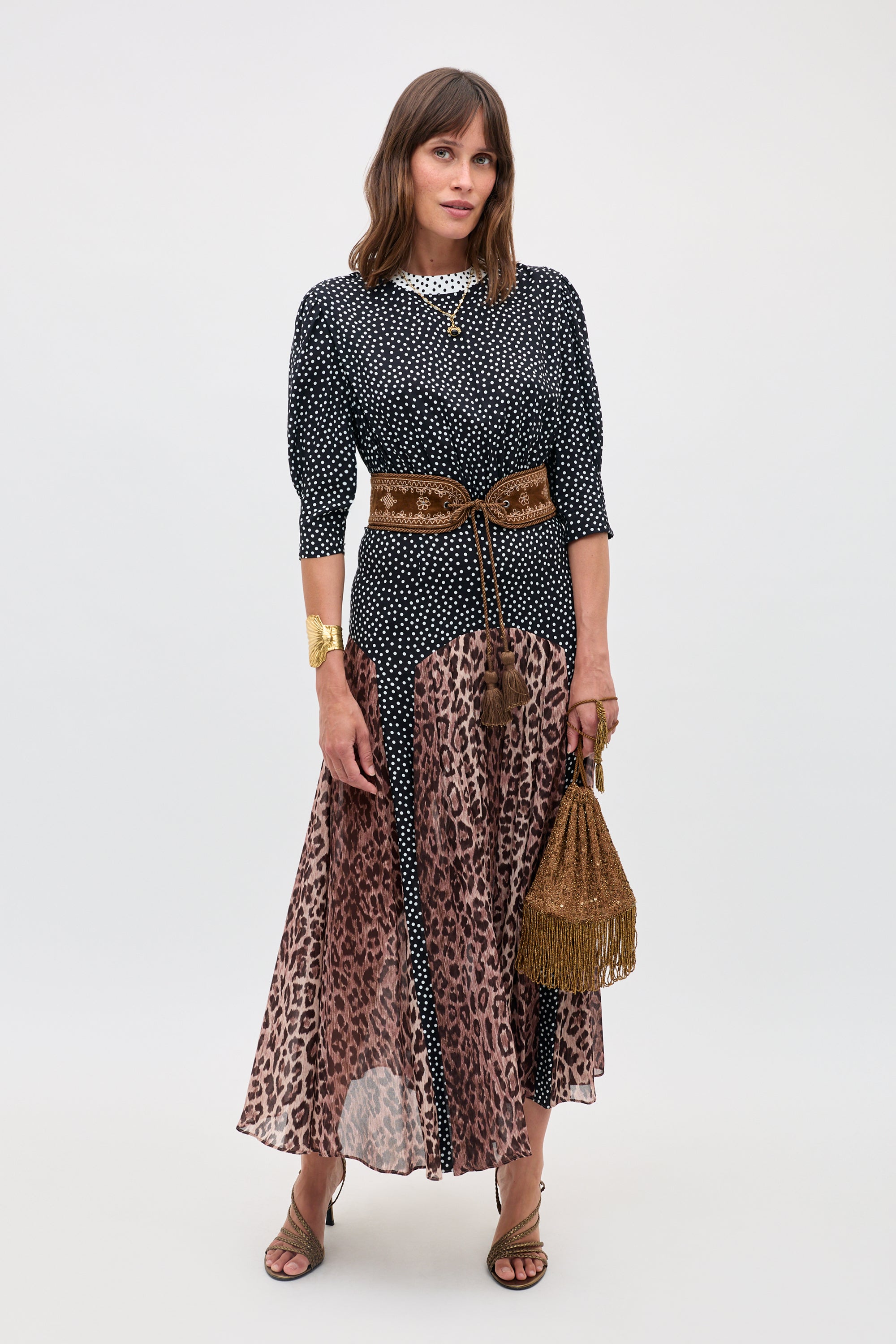 RIXO Meg Leopard Midi Polka Dot