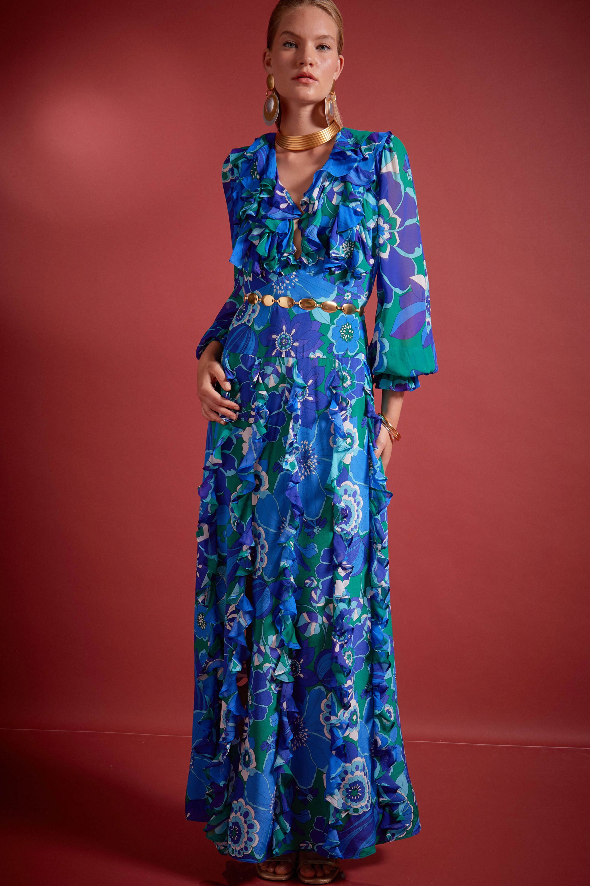 Linnett Ruffled Silk Gown in Blue Miami Floral Emerald