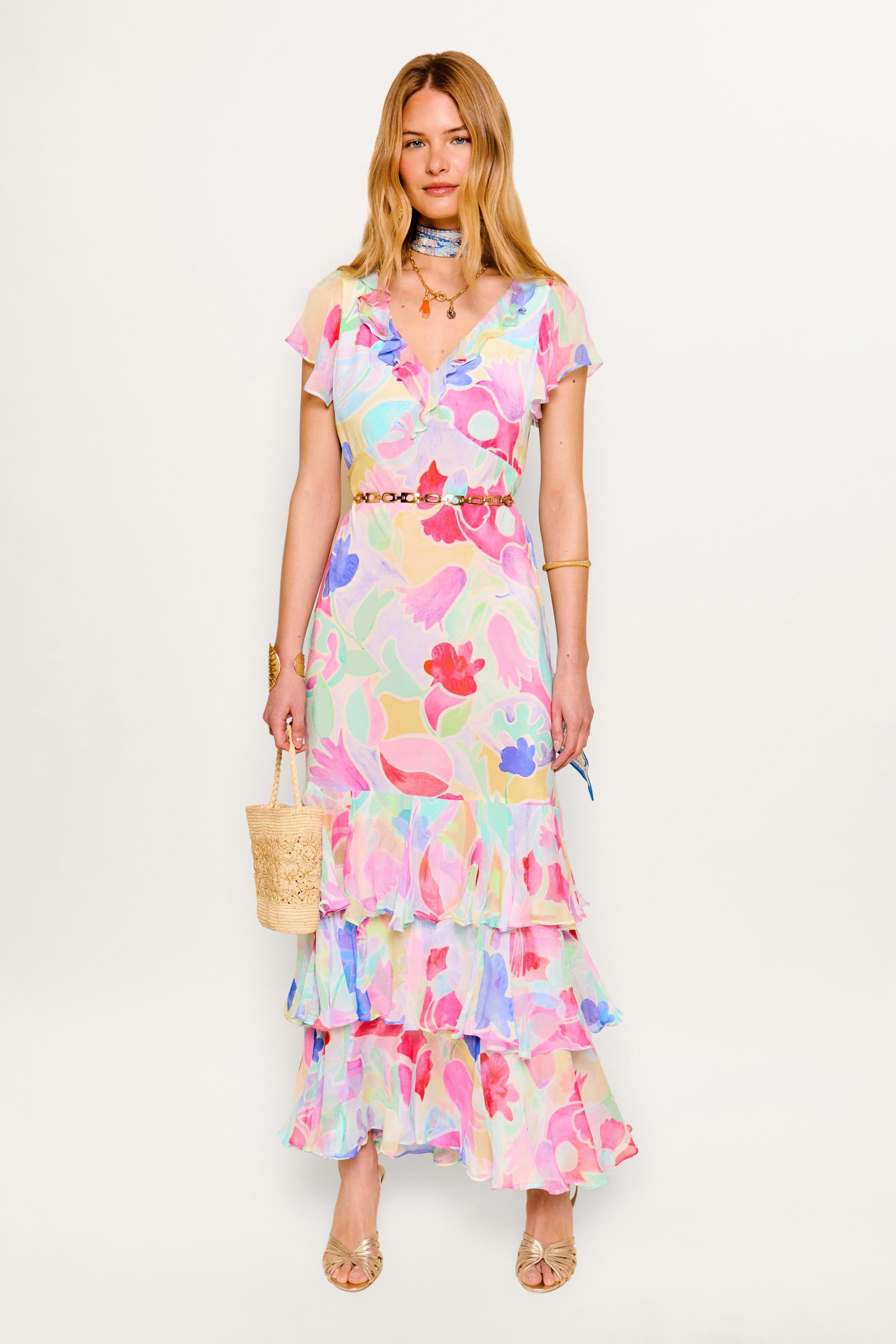 Amelle Silk Gown in Multi Abstract Tulip Ivory | RIXO USA Amelle Silk Gown in Multi Abstract Tulip Ivory | RIXO USA