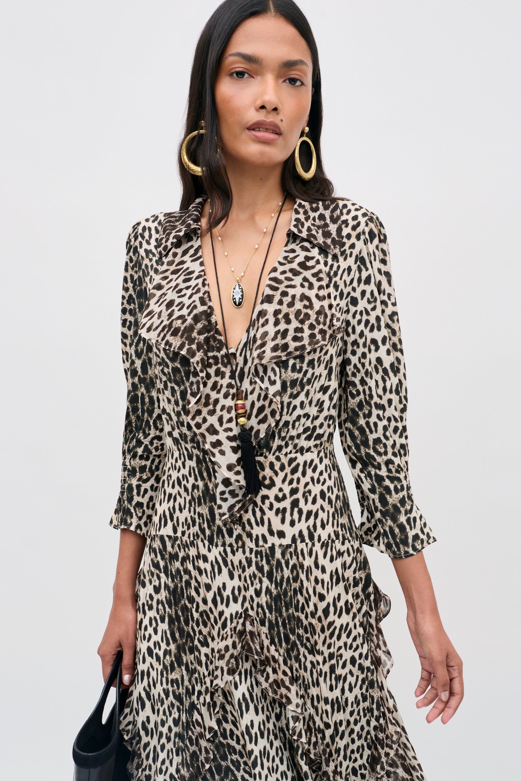 リコ Rosanna Crepe de Chine Midi Dress in Brown Nina Leopard Mocha