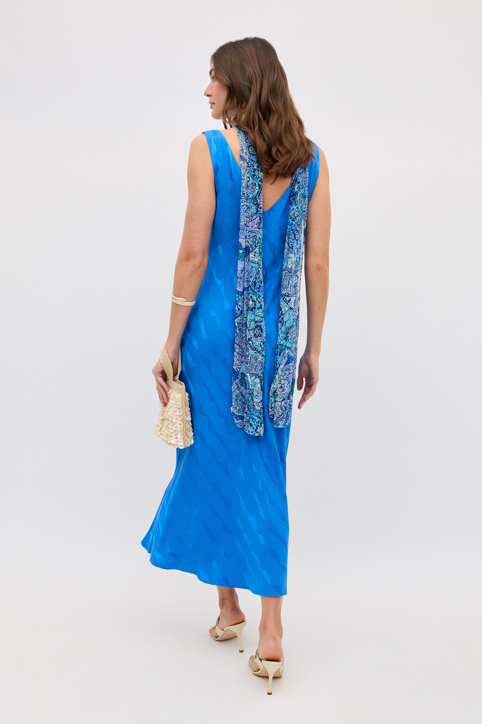 Sandrine Satin Jacquard Midi Dress in Wave Jacquard Blue | RIXO ⋆