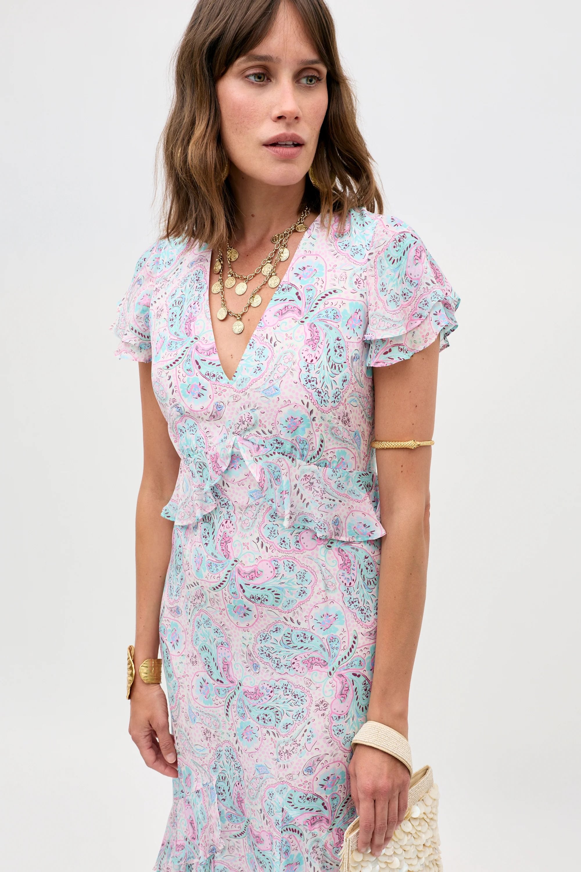 Thanvi Silk Midi Dress in Purple Butterfly Paisley Cream | RIXO USA ⋆
