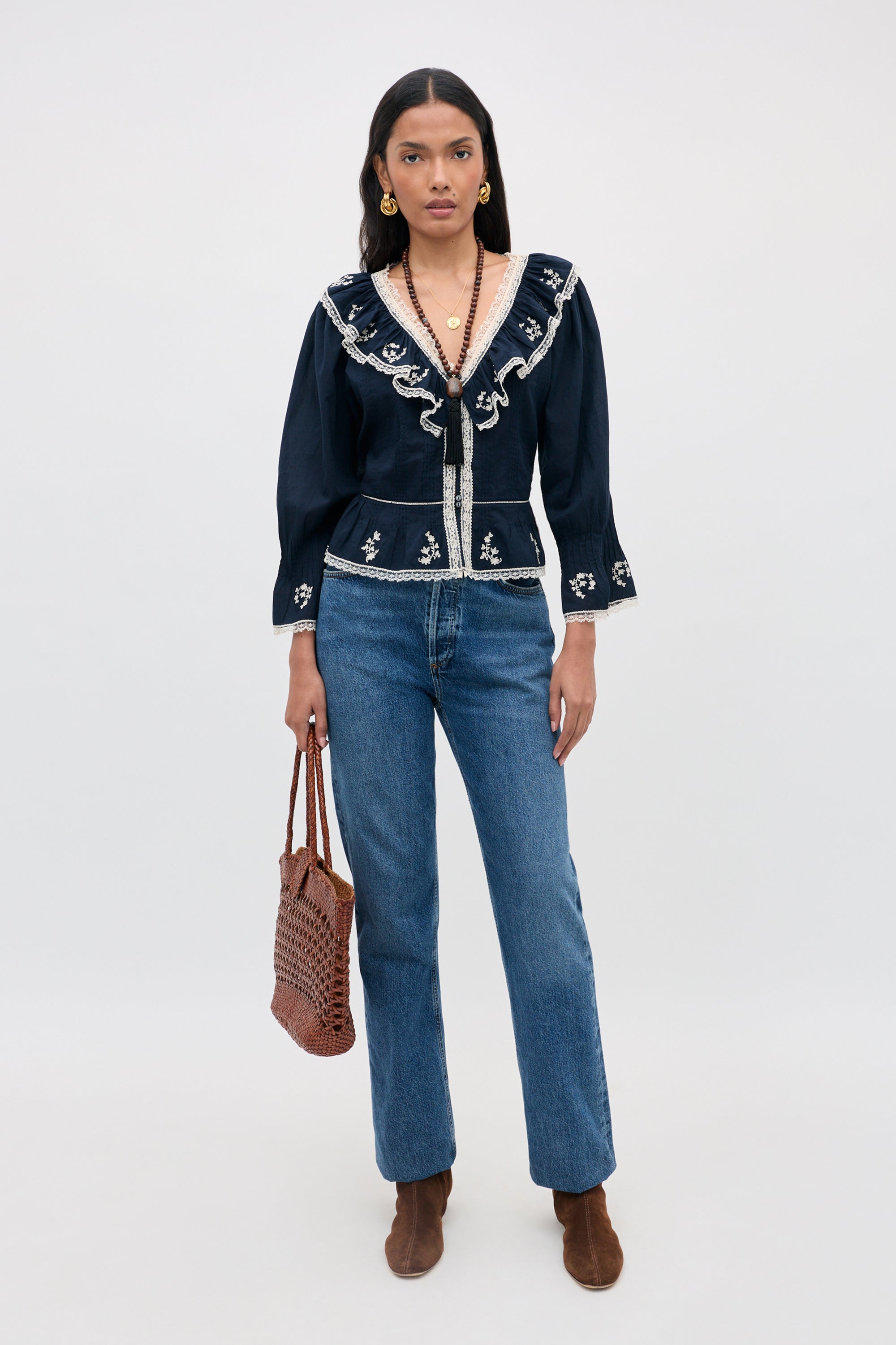 Solene Embroidered Cotton Blouse in Flower Trail Embroidery Navy