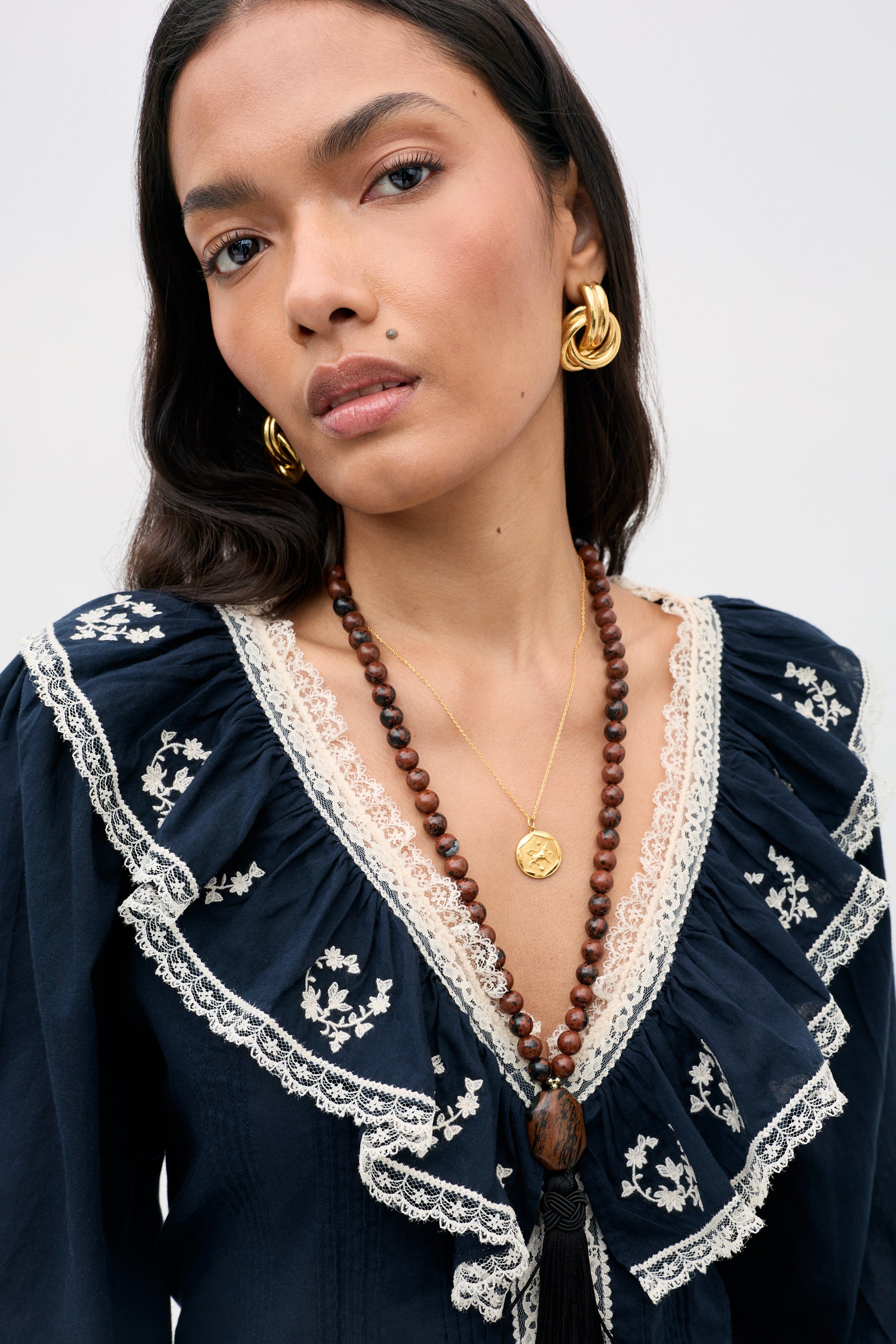 Solene Embroidered Cotton Blouse in Flower Trail Embroidery Navy