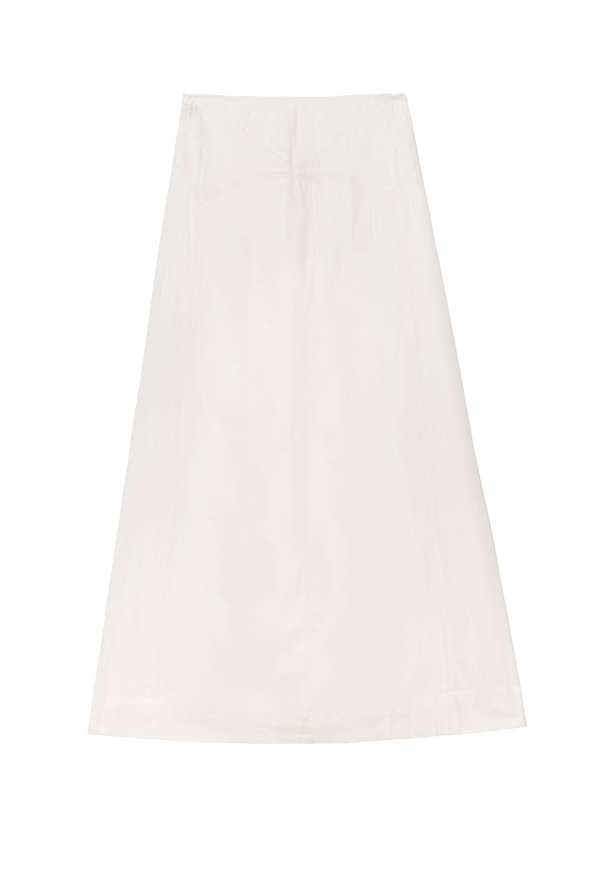 The Vienne - Pansy Embroidery Ivory skirt, a vintage-inspired white design with subtle stitching and a smooth texture, is laid flat on a plain white background.