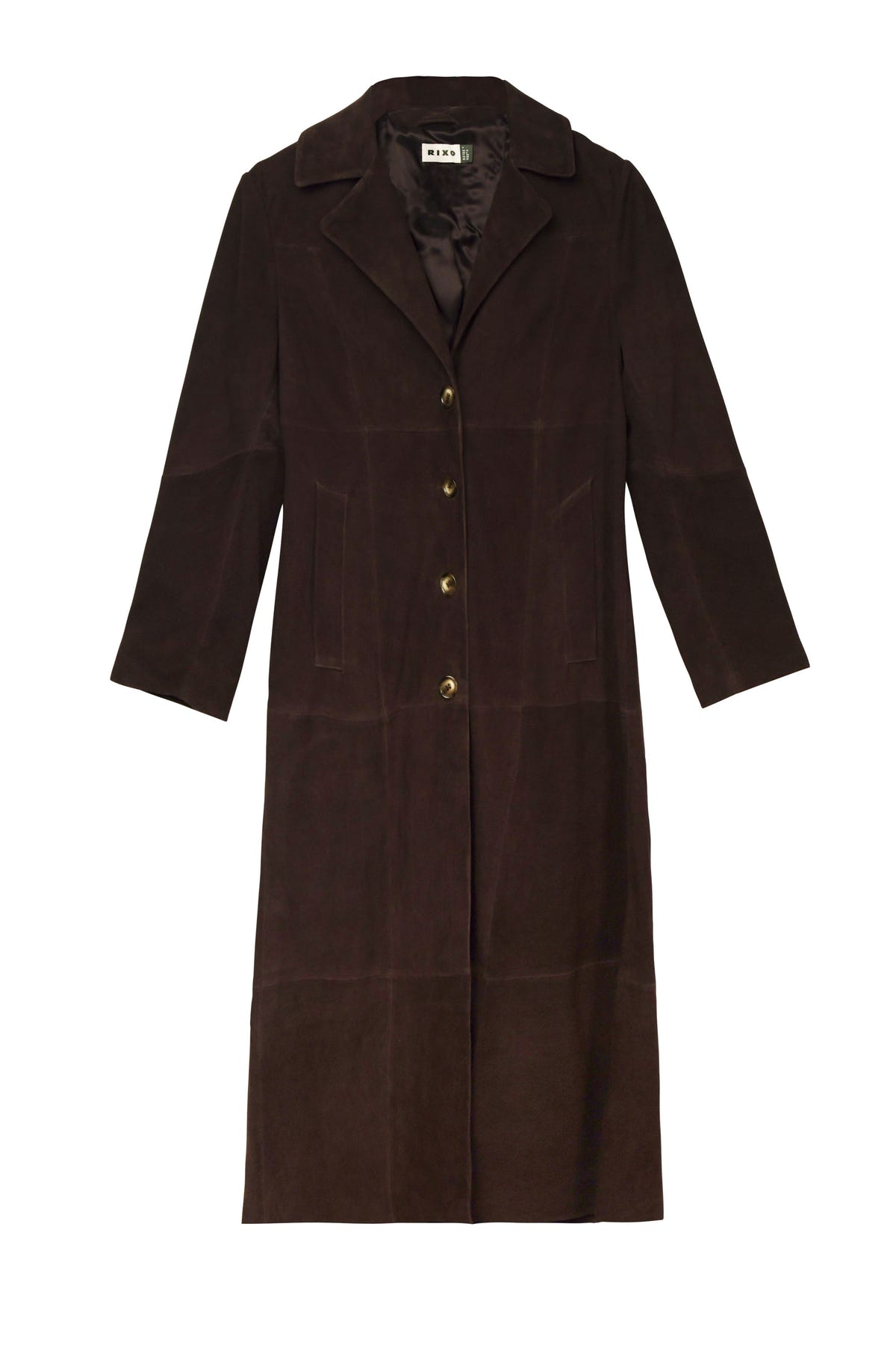 The Astraea - Chocolate is a long chocolate suede coat featuring a notch collar, button-down front, and two side pockets, displayed on a white background—a timeless vintage piece perfect for elevating any wardrobe.