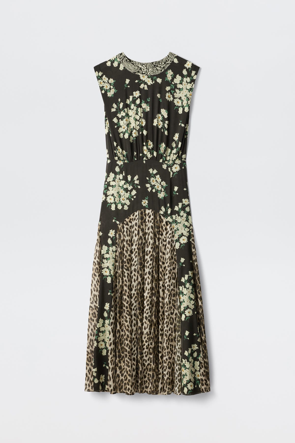 Coralie's Amelia Gremlin Mix Black is a sleeveless dress with a black background, featuring a white floral print on the top and midsection, a leopard print skirt, and an embellished trim at the neckline.