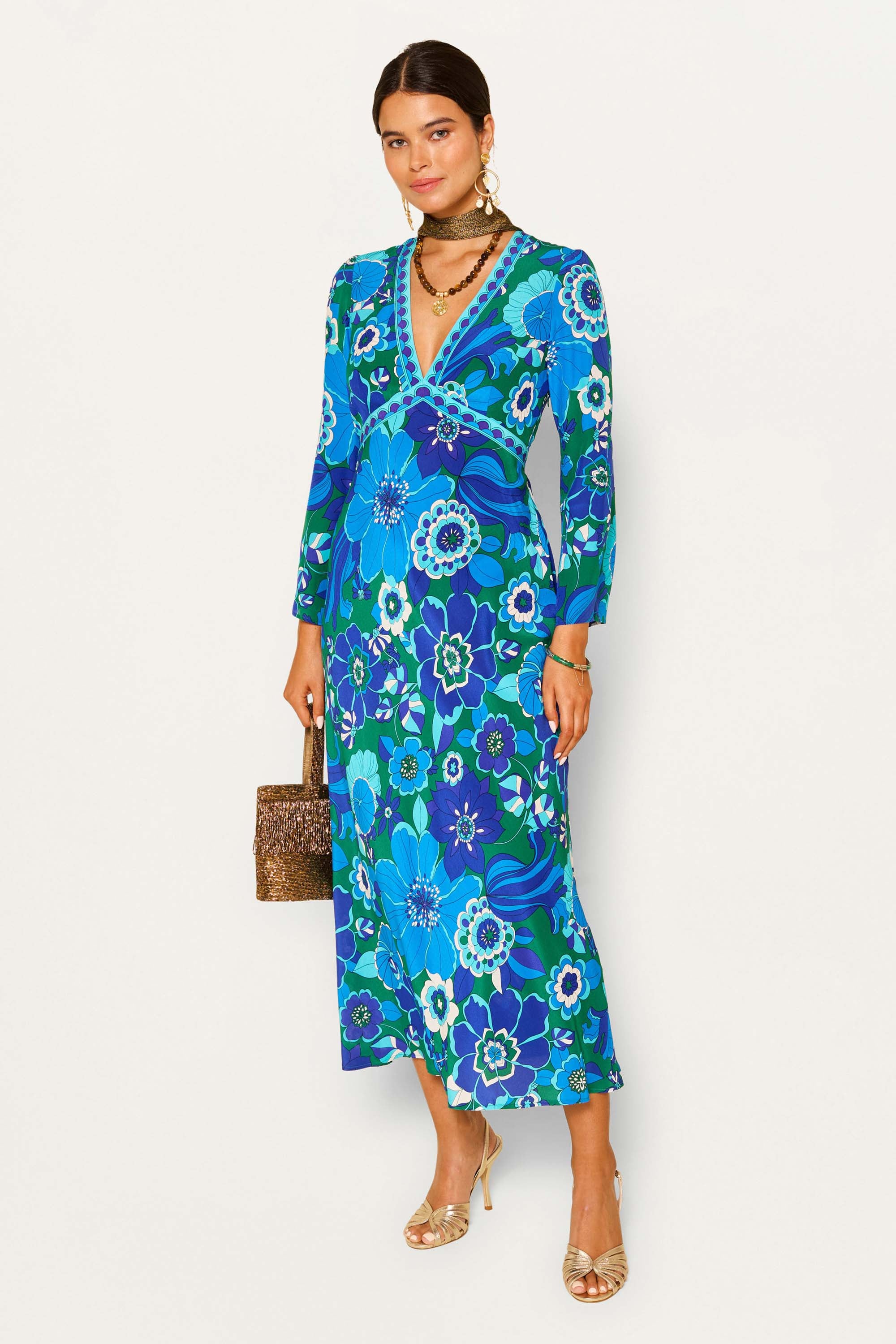 Tania Silk Midi Dress in Blue Miami Floral Emerald | RIXO USA Tania Silk Midi Dress in Blue Miami Floral Emerald | RIXO USA