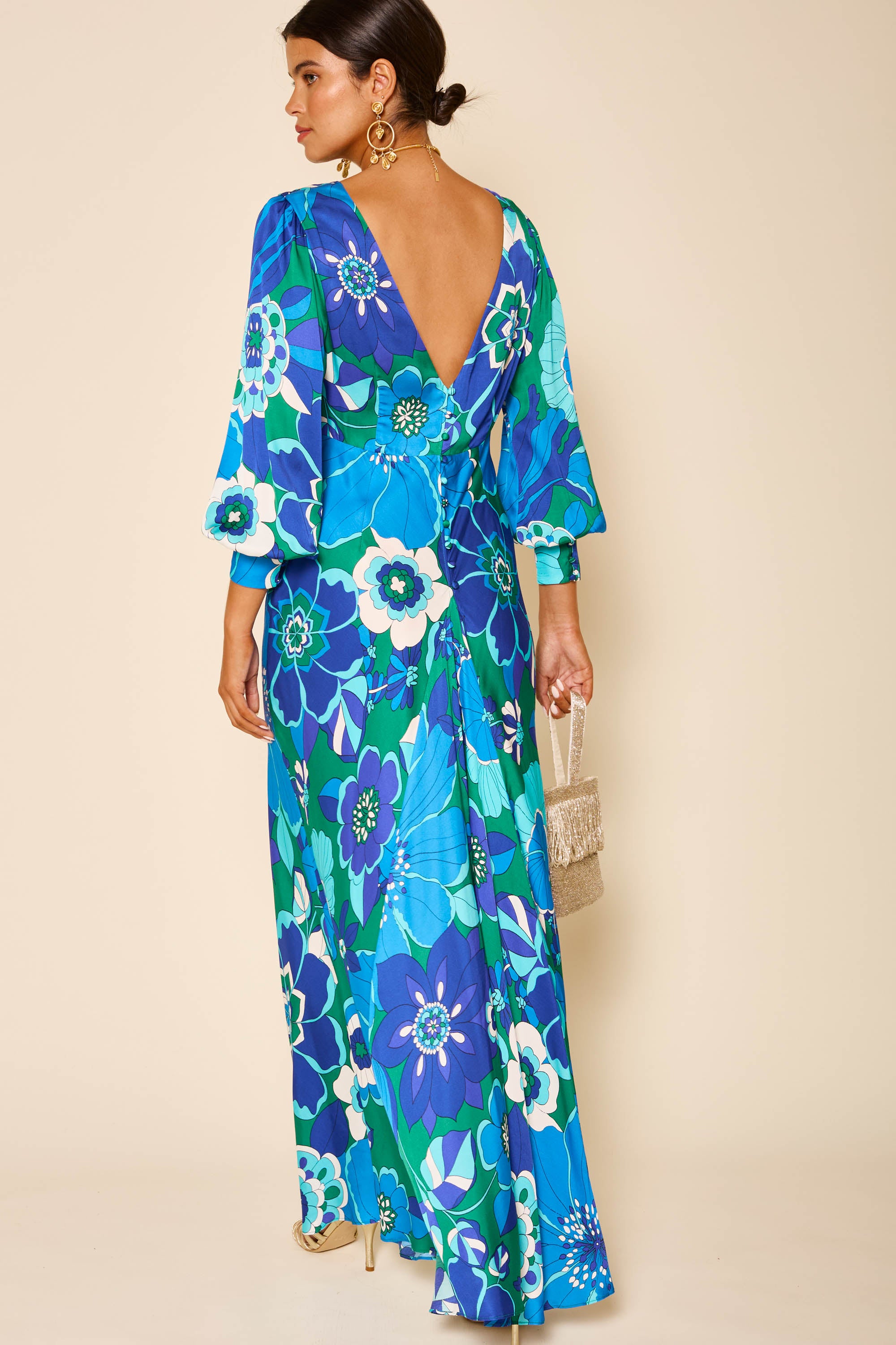 Marni Backless Satin Gown in Blue Miami Floral Emerald | RIXO Marni Backless Satin Gown in Blue Miami Floral Emerald | RIXO