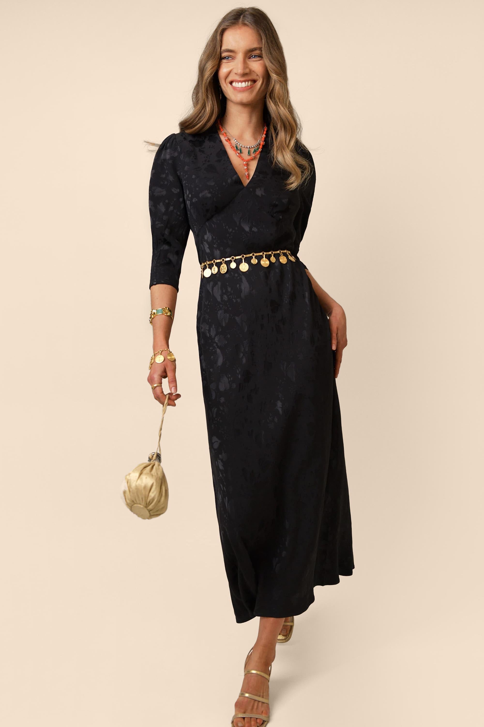 Zadie Jacquard Midi Dress in Leaf Heart Black | RIXO USA Zadie Jacquard Midi Dress in Leaf Heart Black | RIXO USA
