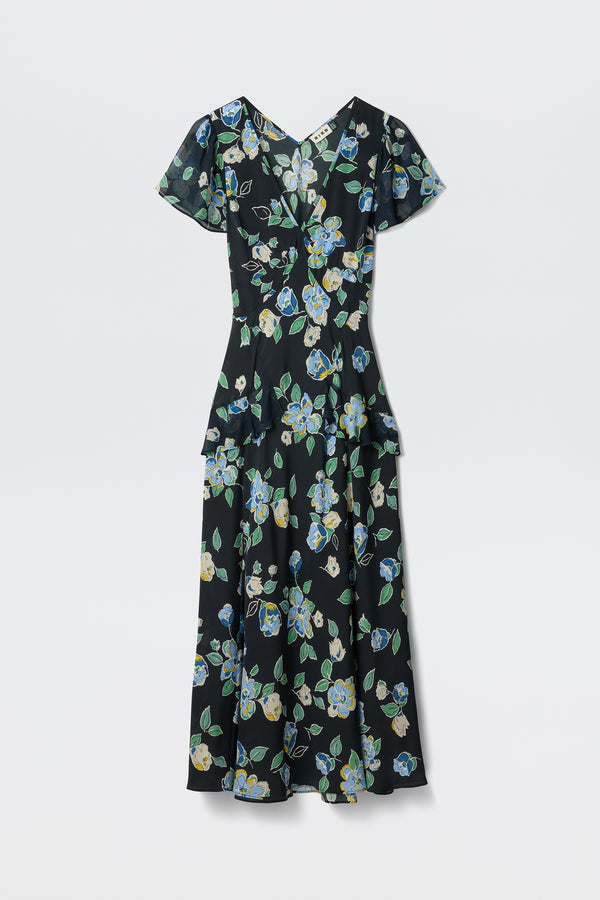 The Evie - Kimmie Floral Navy is a black, short-sleeved V-neck midi dress with a blue and green floral print and a flared skirt, shown against a plain white background.