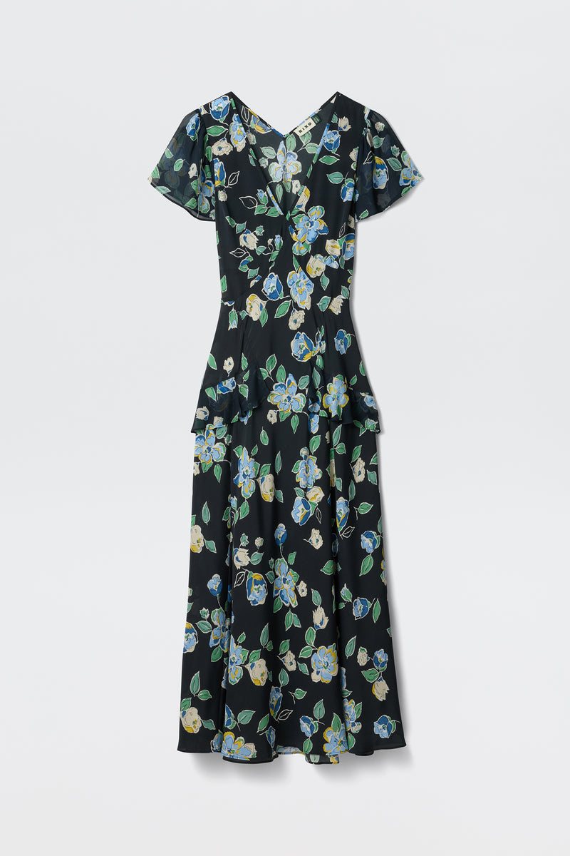 The Evie - Kimmie Floral Navy is a black, short-sleeved V-neck midi dress with a blue and green floral print and a flared skirt, shown against a plain white background.
