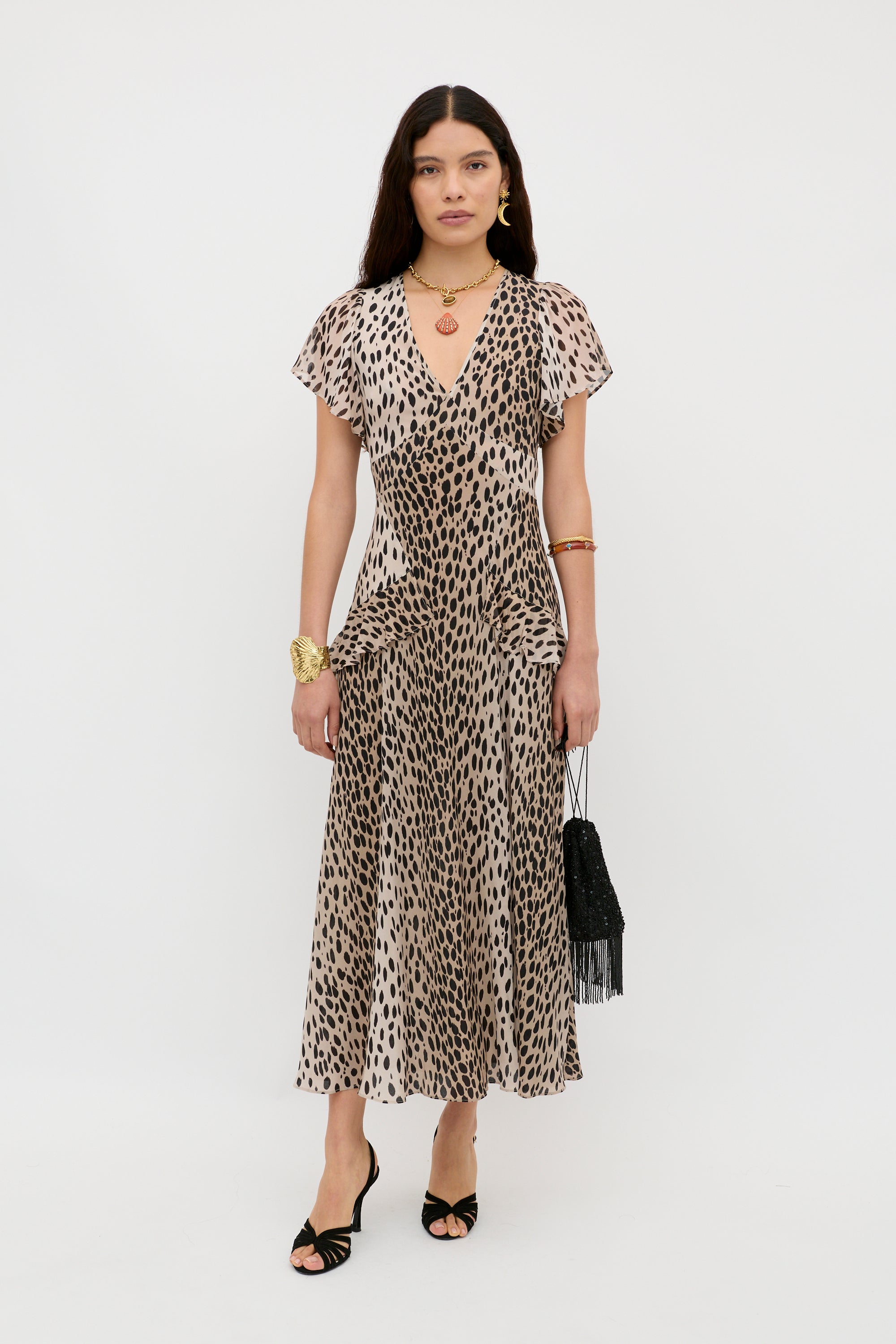 Evie Silk Midi Dress in Brown Antelope Spot Black | RIXO USA ⋆