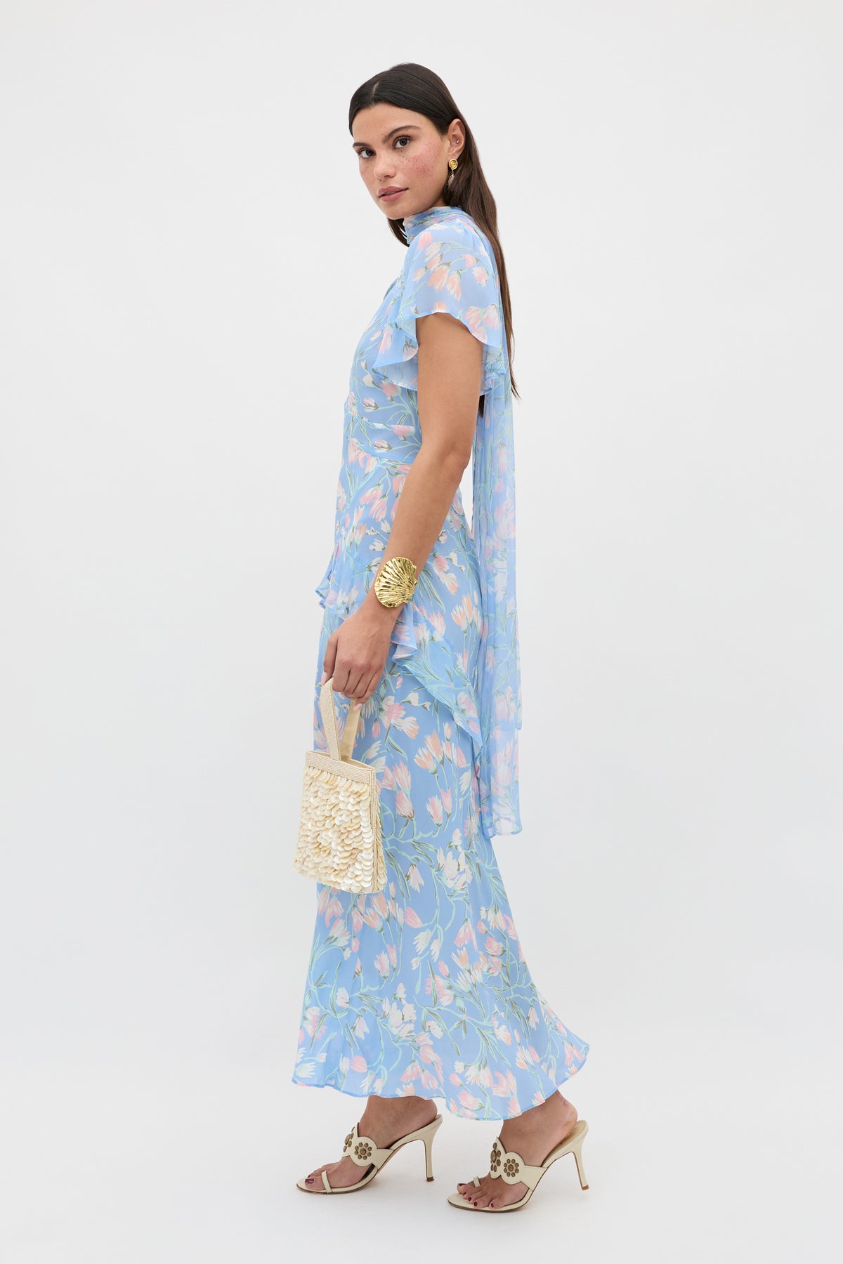 watercolour maxi dress Evie Silk Midi Dress in Watercolour Floral Blue