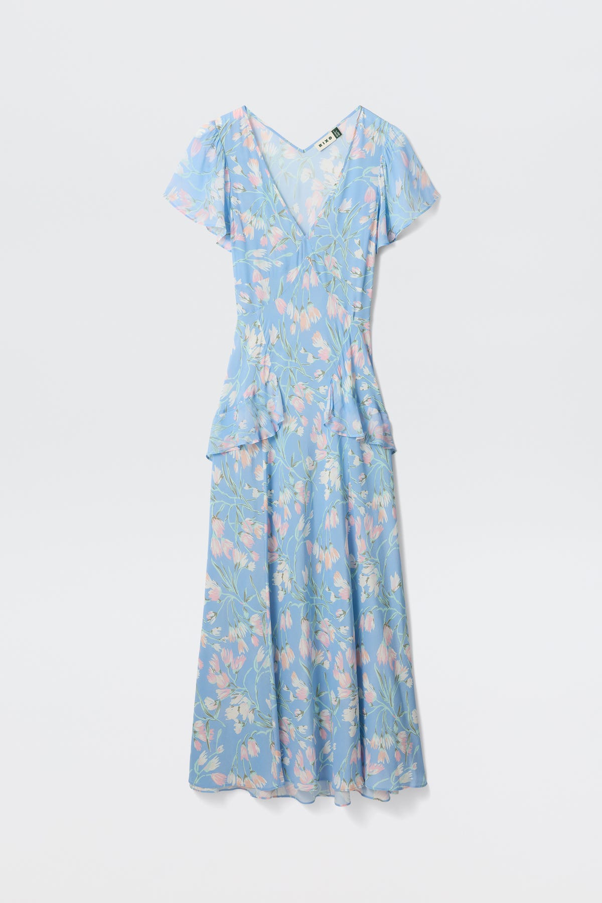 The Evie - Watercolour Floral Blue is a light blue, V-neck dress with short sleeves, a pastel floral print, ruffled hip detail, fitted waist, and an ankle-length flowing skirt.