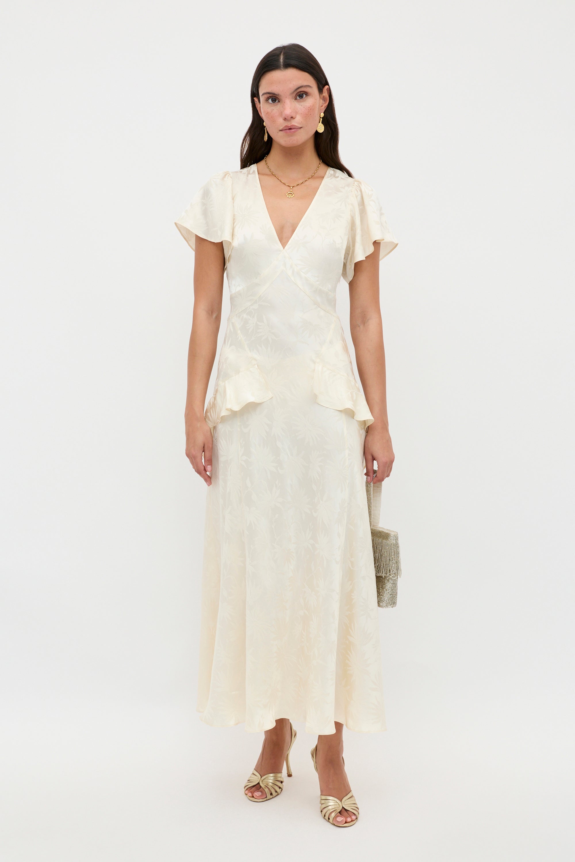 Evie Silk Midi Dress in Cream Daisy Jacquard Champagne