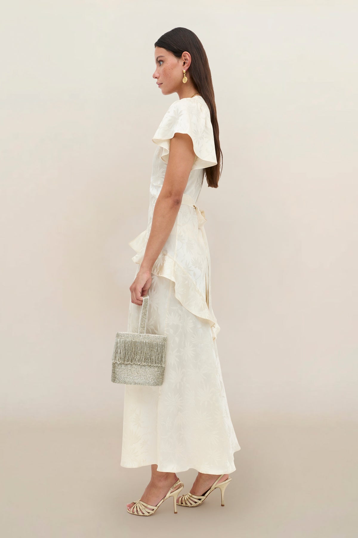 midi champagne dress Evie Silk Jacquard Midi Dress in Cream Daisy Jacquard Champagne