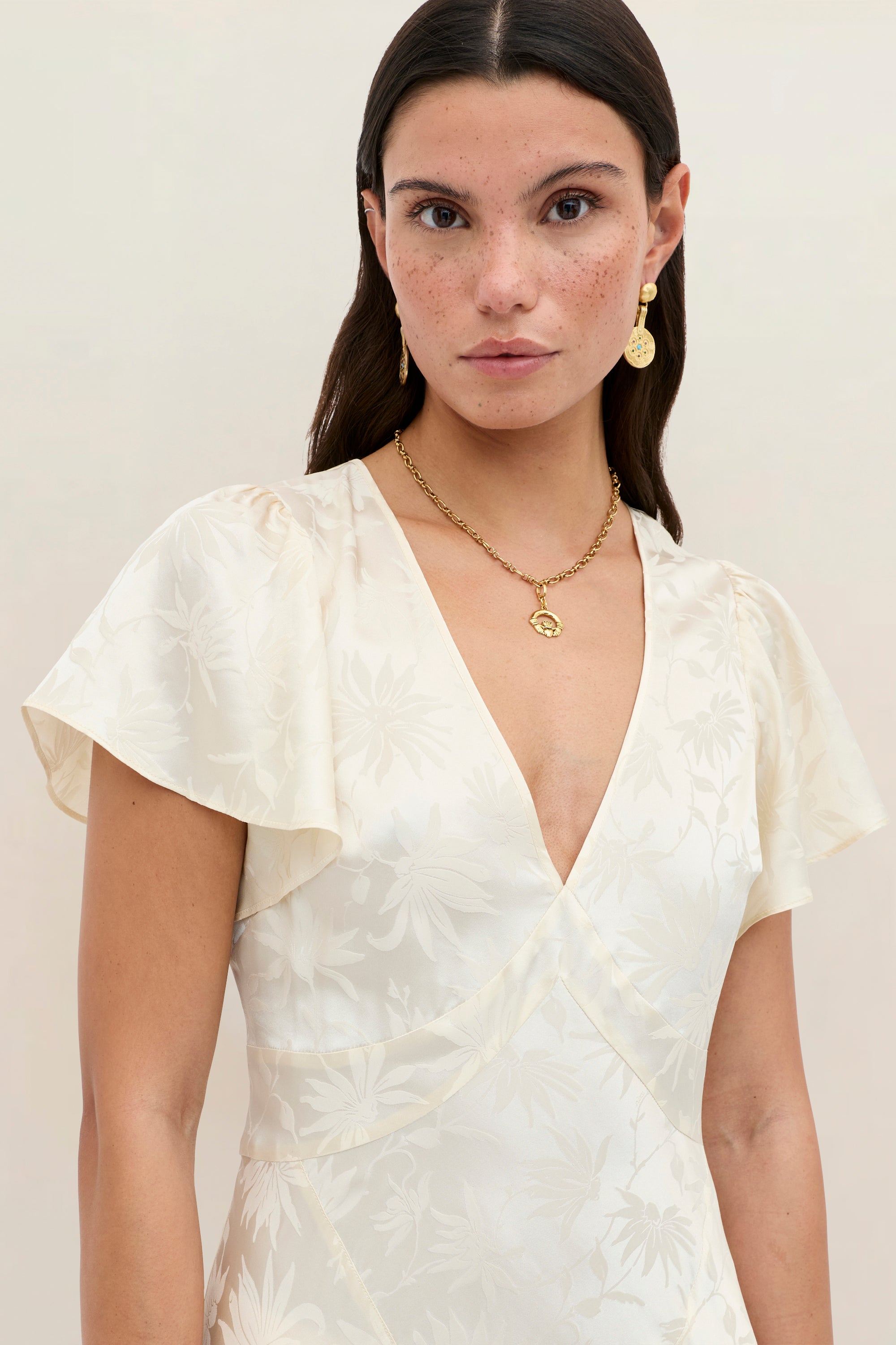 Evie Silk Jacquard Midi Dress in Cream Daisy Jacquard Champagne