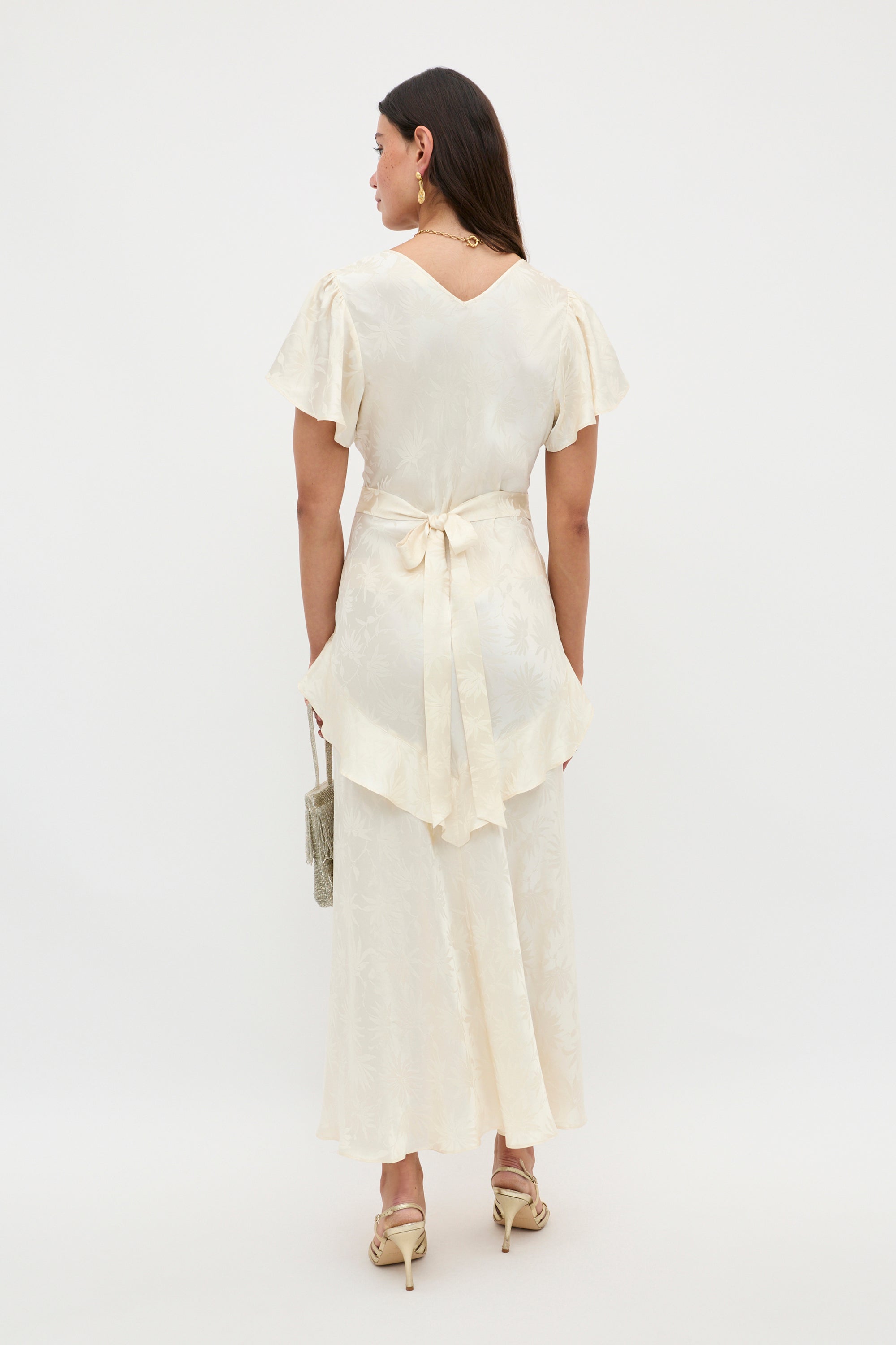 Evie Silk Jacquard Midi Dress in Cream Daisy Jacquard Champagne