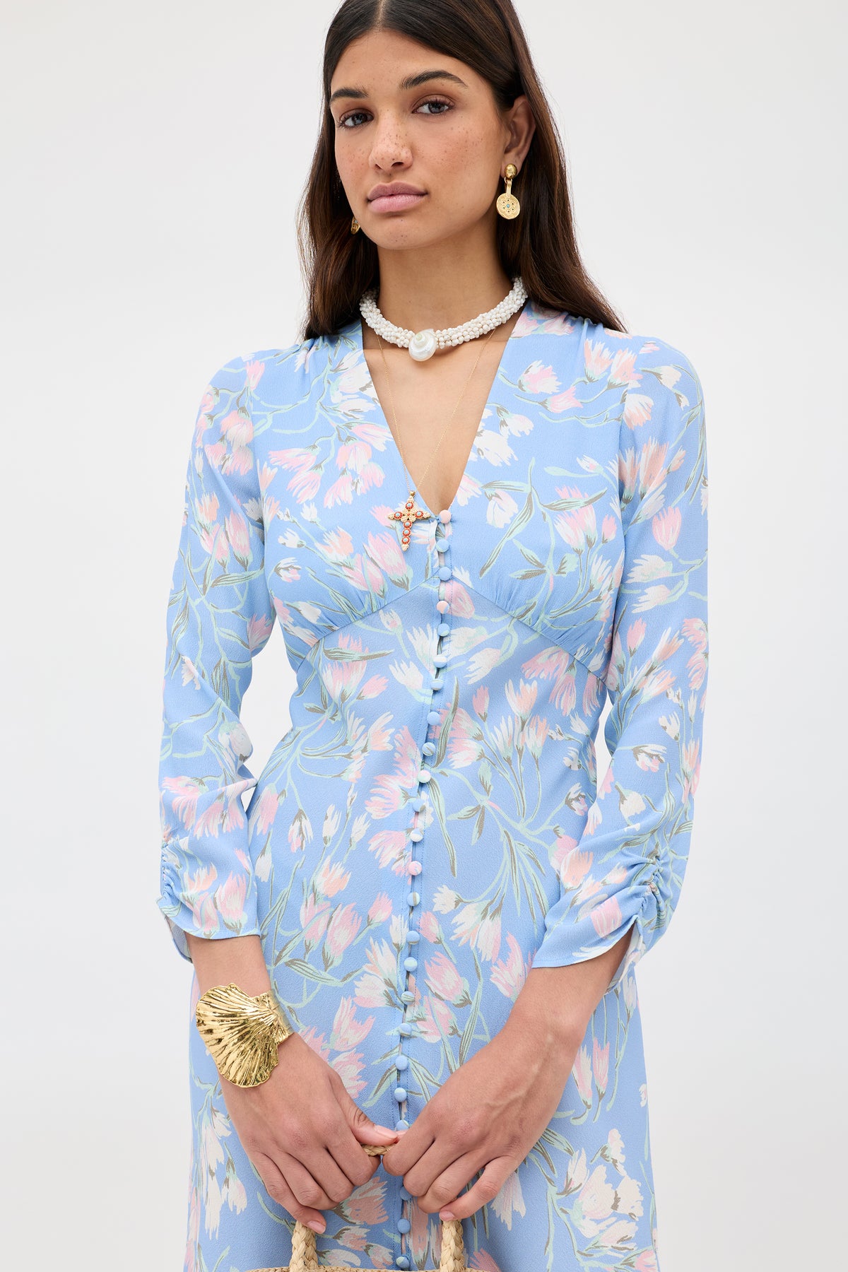 Katie Midi Dress in Watercolour Floral Blue | RIXO USA Katie Midi Dress in Watercolour Floral Blue | RIXO USA