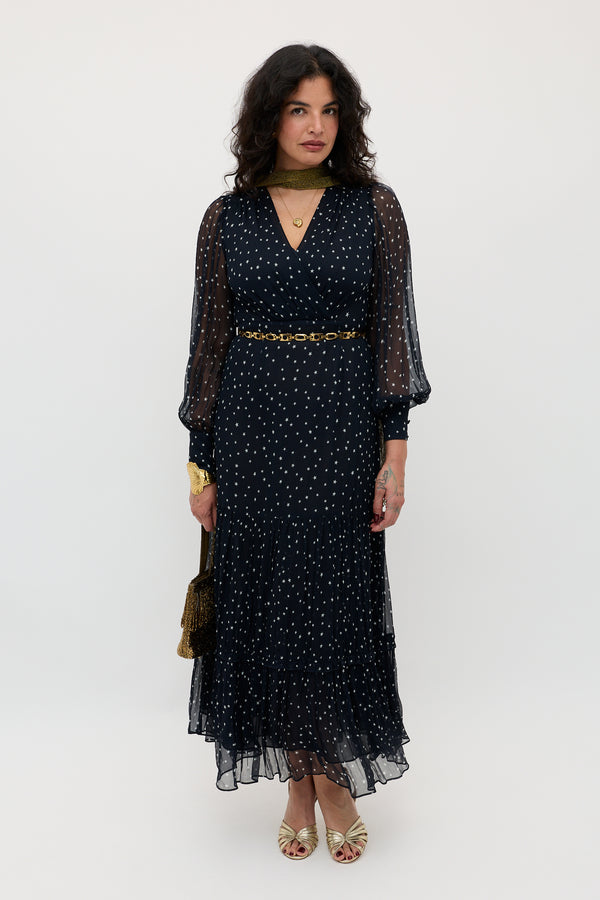 slim fit dress slacks Elsie Chiffon Dress in Starry Night Navy
