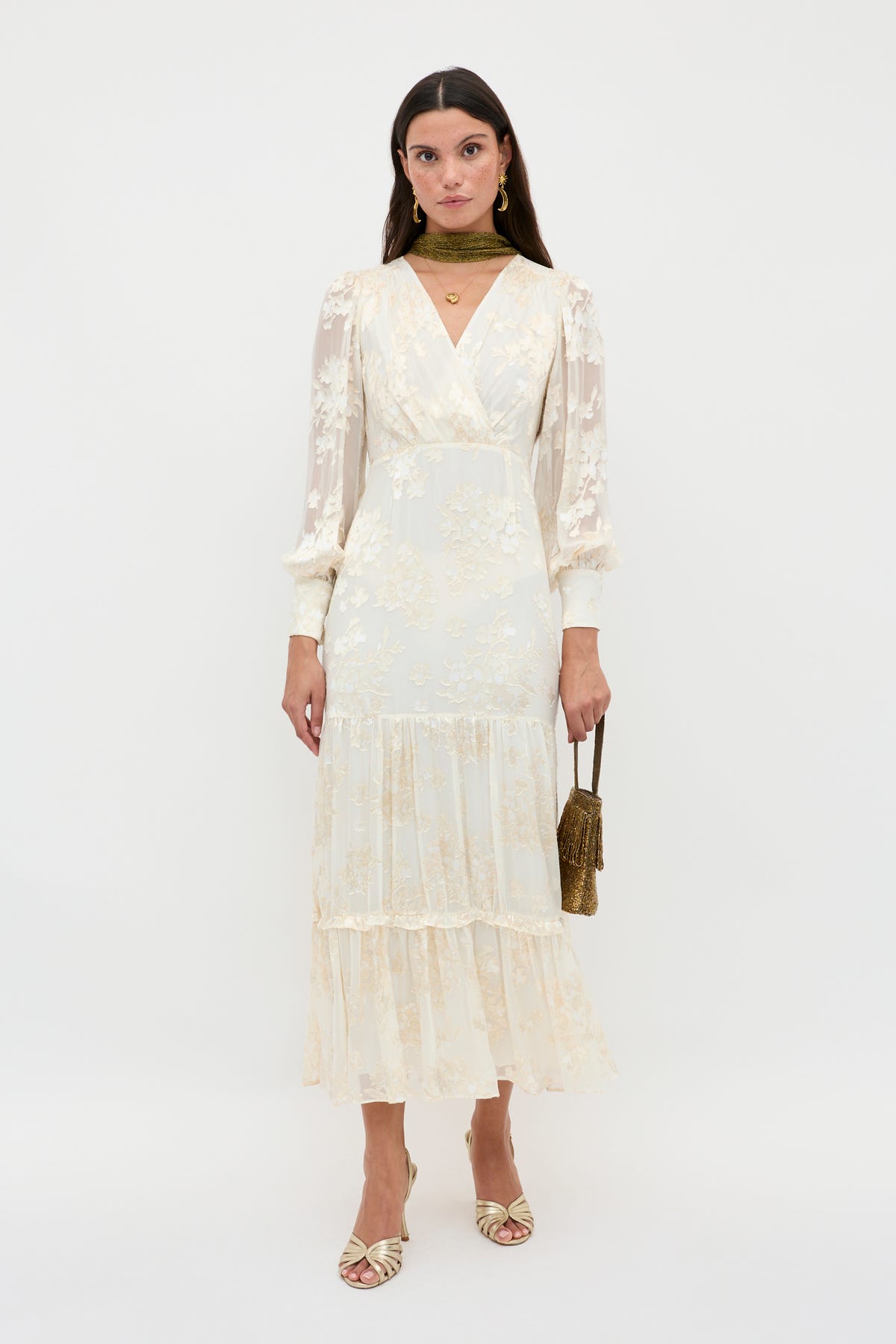 cream dress with flowers Elsie Silk-Velvet Devoré in Bouquet Devoré Color:Light Green Floral Boho Style Cream Maxi over bodice PROM