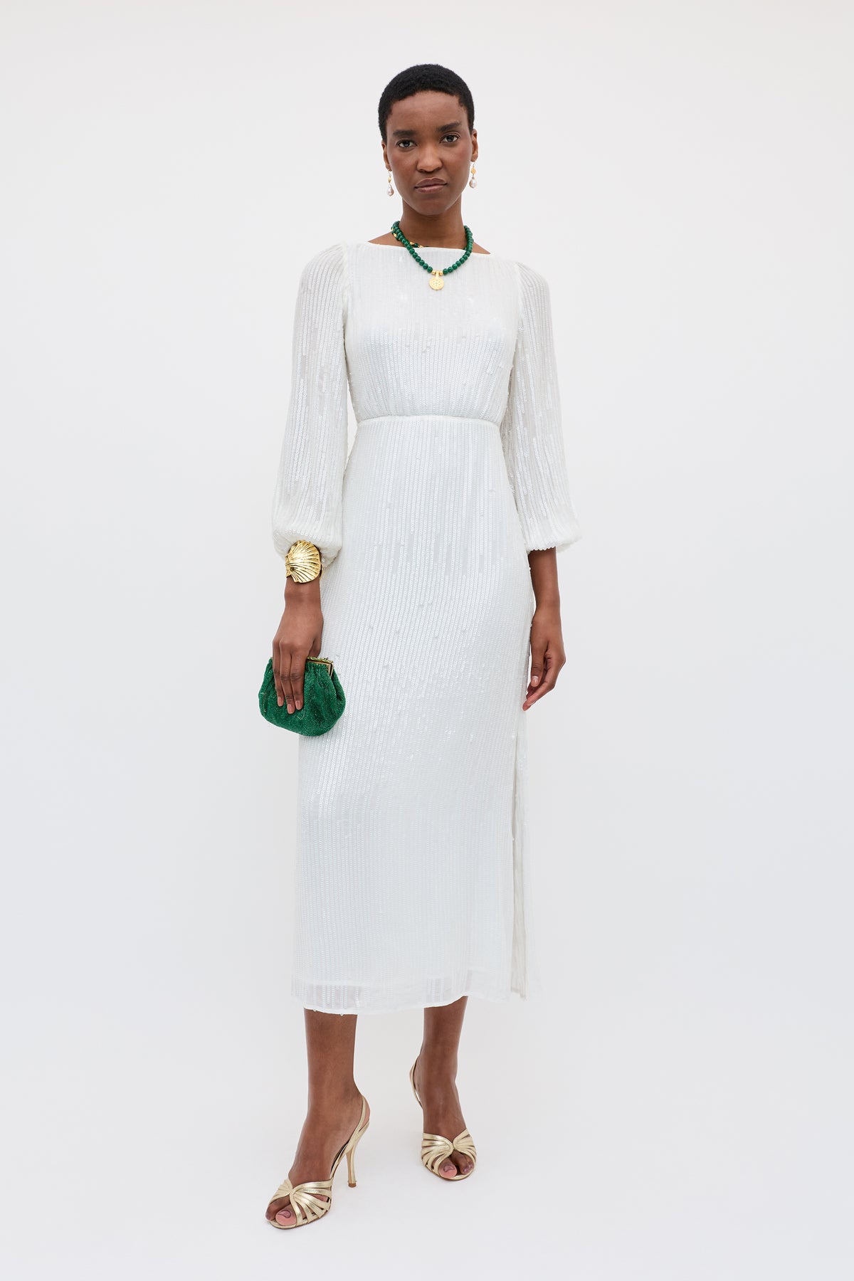 Coco Sequinned Midi Dress in Ivory Sequin | RIXO USA Coco Sequinned Midi Dress in Ivory Sequin | RIXO USA