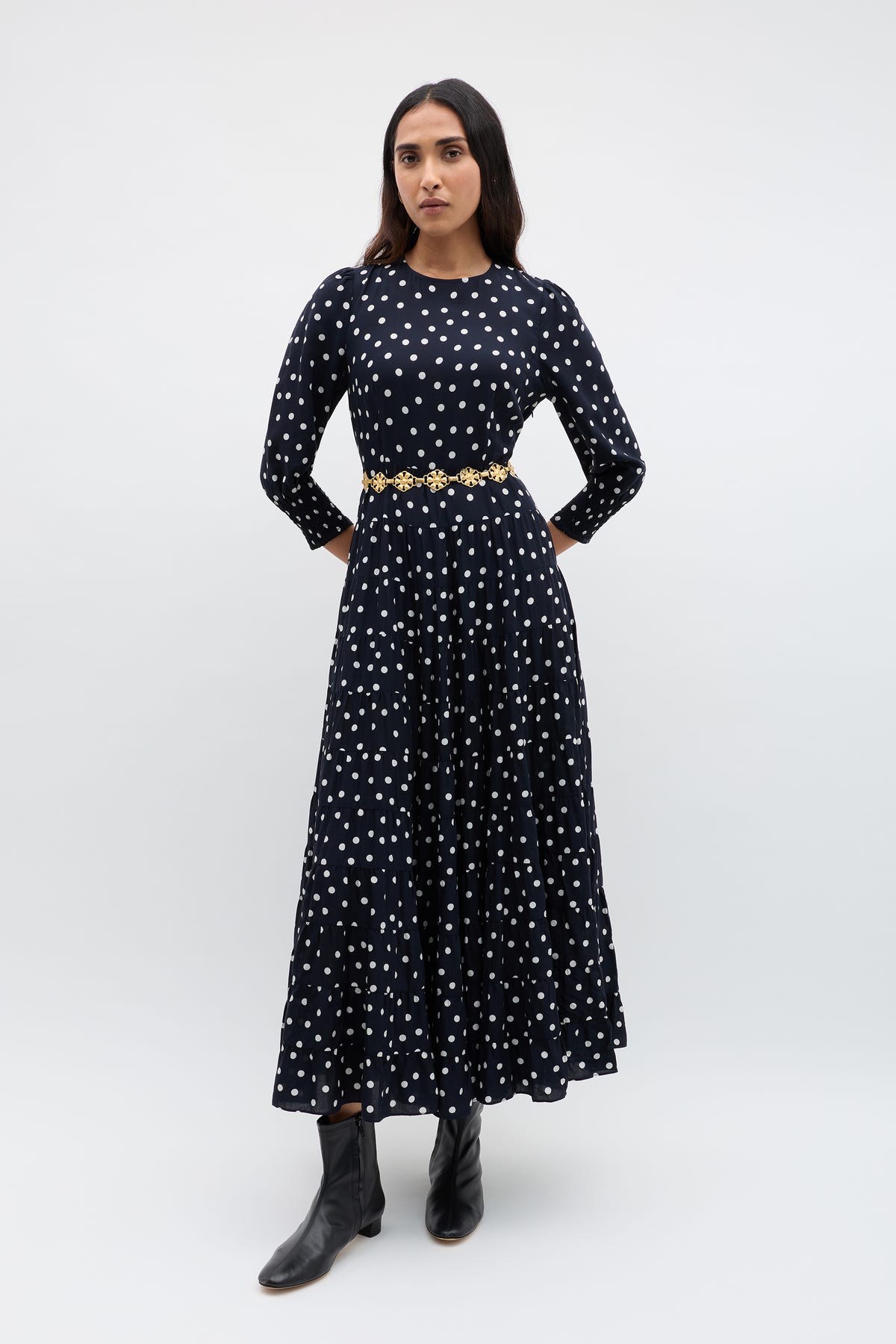 bodycon midi dress short sleeve Kristen in Bohemia Spot Deep Navy Every garment is hand ef-stock-S Color:black long version Prom Dress Black Sequin