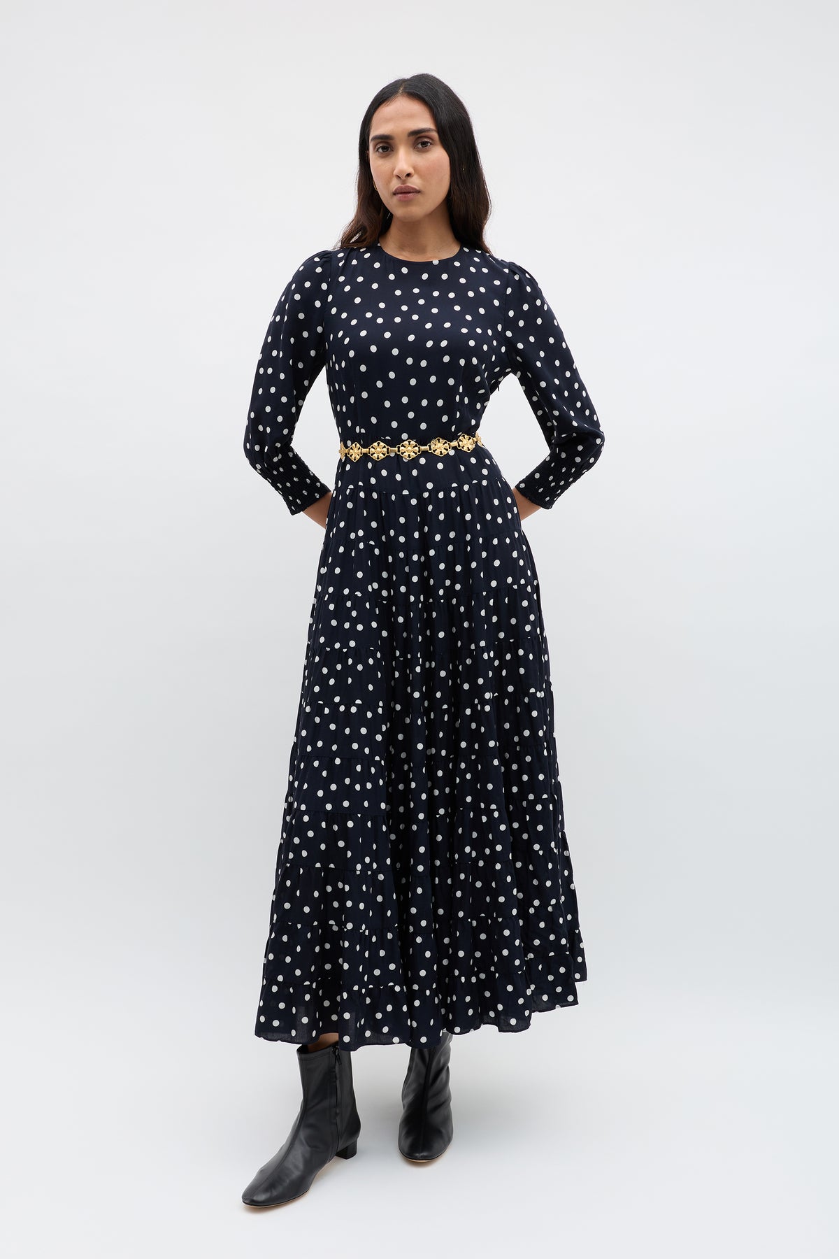 bohemia clothes dresses Kristen Midi Dress in Spot Deep Navy solid ribbed Avoid harsh detergents and Black Dress, Classy Evening Size:8-10
