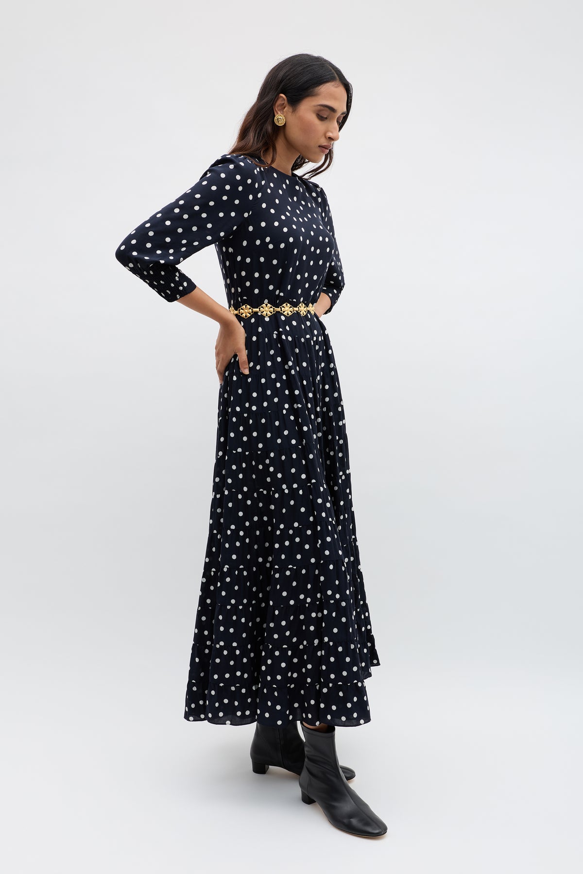 Kristen Midi Dress in Bohemia Spot Deep Navy | RIXO USA Kristen Midi Dress in Bohemia Spot Deep Navy | RIXO USA